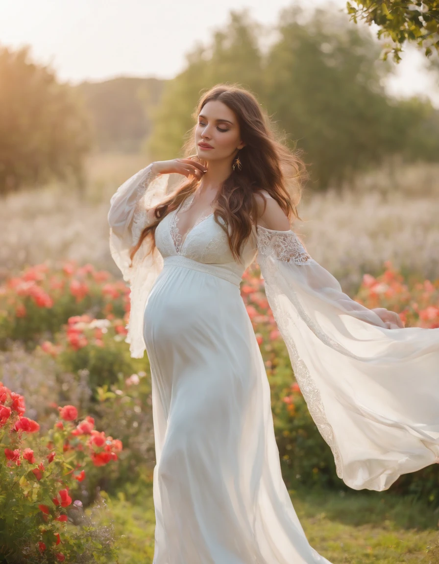 Cowboy Shot，Medium Long Shot，pregnant woman，Beautiful girl, Stand with your hands dangling, long hair flowing with the wind, In the middle of colorful flower beds, White dress