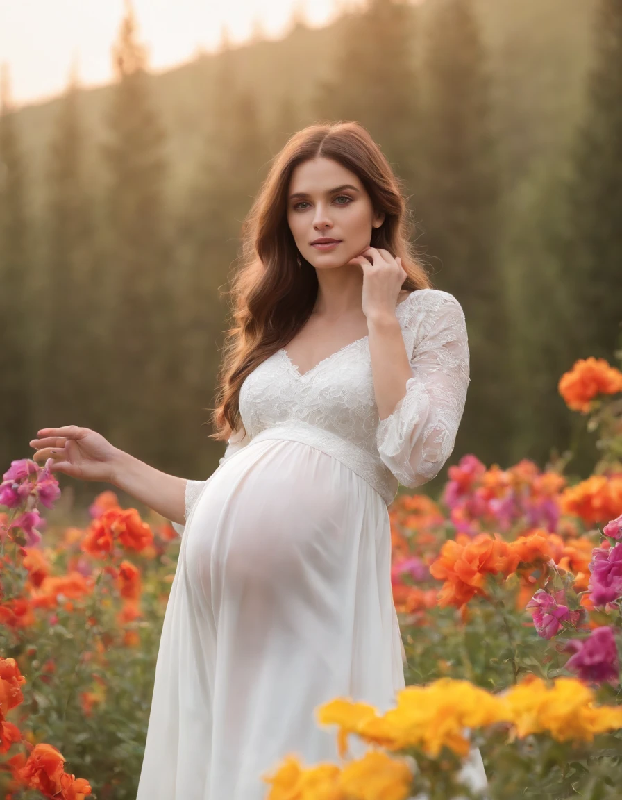 an up close photo of a pregnant woman, Beautiful pregnant woman, Stand with your hands dangling, long hair flowing with the wind, In the middle of colorful flower beds, White dress,((short hair)),beautiful flower