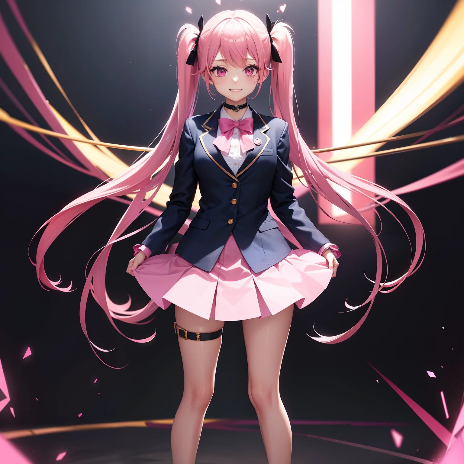 full body Esbian, masutepiece: 1.2, Highest Quality), (Live-action, elaborate details), (1 Lady, Solo, Upper body,) Clothing: Edgy, Navy Blazer, pink miniskirt, High School Uniform , long hair with pink twin tails,,,,,,、Avant-garde, Experimental appearance: Long pink twin tail hair 、Heart-shaped choker、The location: School, crass room, Solo, Nice smile, spark of light, rainbows、brilliance、Value Creation in Mixed Media Art: individuality, authenticity, Creative expression