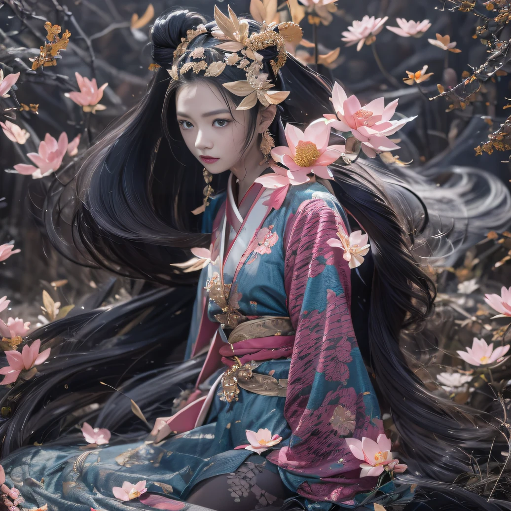 32K(tmasterpiece,k hd,hyper HD,32K)Long flowing black hair,ponds,zydink, a color, Xuzhou people (Silly girl), (Silk scarf), Combat posture, looking at the ground, long whitr hair, Floating hair, Carp pattern headdress, Chinese long-sleeved clothing, (abstract ink splash:1.2), Pink petal background,Pink and white lotus flowers fly(realisticlying:1.4),Black color hair,Fallen leaves flutter,The background is pure, A high resolution, the detail, RAW photogr, Sharp Re, Nikon D850 Film Stock Photo by Jefferies Lee 4 Kodak Portra 400 Camera F1.6 shots, Rich colors, ultra-realistic vivid textures, Dramatic lighting, Unreal Engine Art Station Trend, cinestir 800,Long flowing black hair,Denim skirt