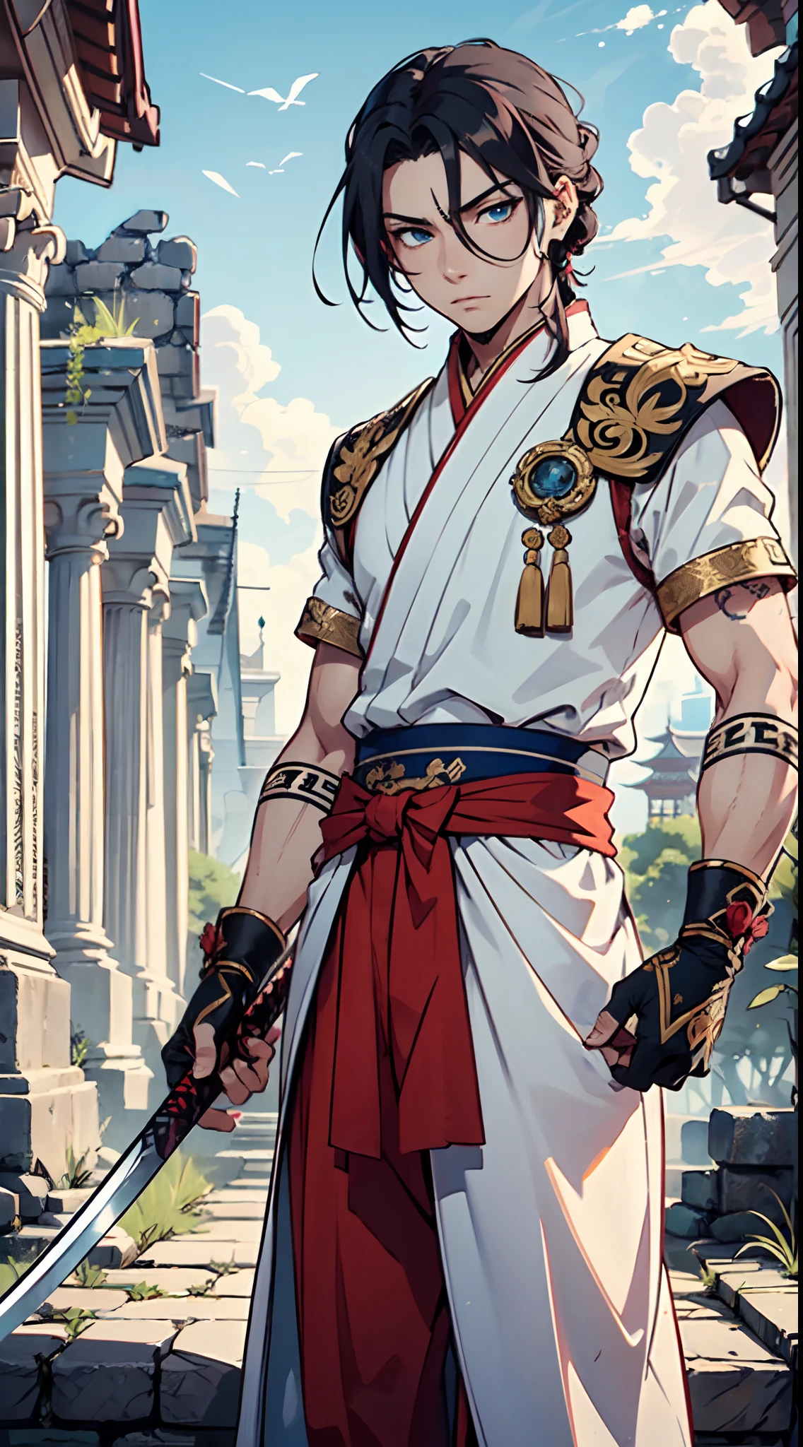 Ultra High Definition, Ultra High Quality, Extremely Detailed, Perfectly Detailed, Masterpiece, 8k, 1 Boy, Look A Like Xin From Kingdom Anime, Handsome, Equipped With Chinese Emperor Silk Clothes, Solid Light Blue Eyes, Long Red Hair, Holding A Perfectly Detailed Awesome Katana, Body Shot, Ancient Ruins Background