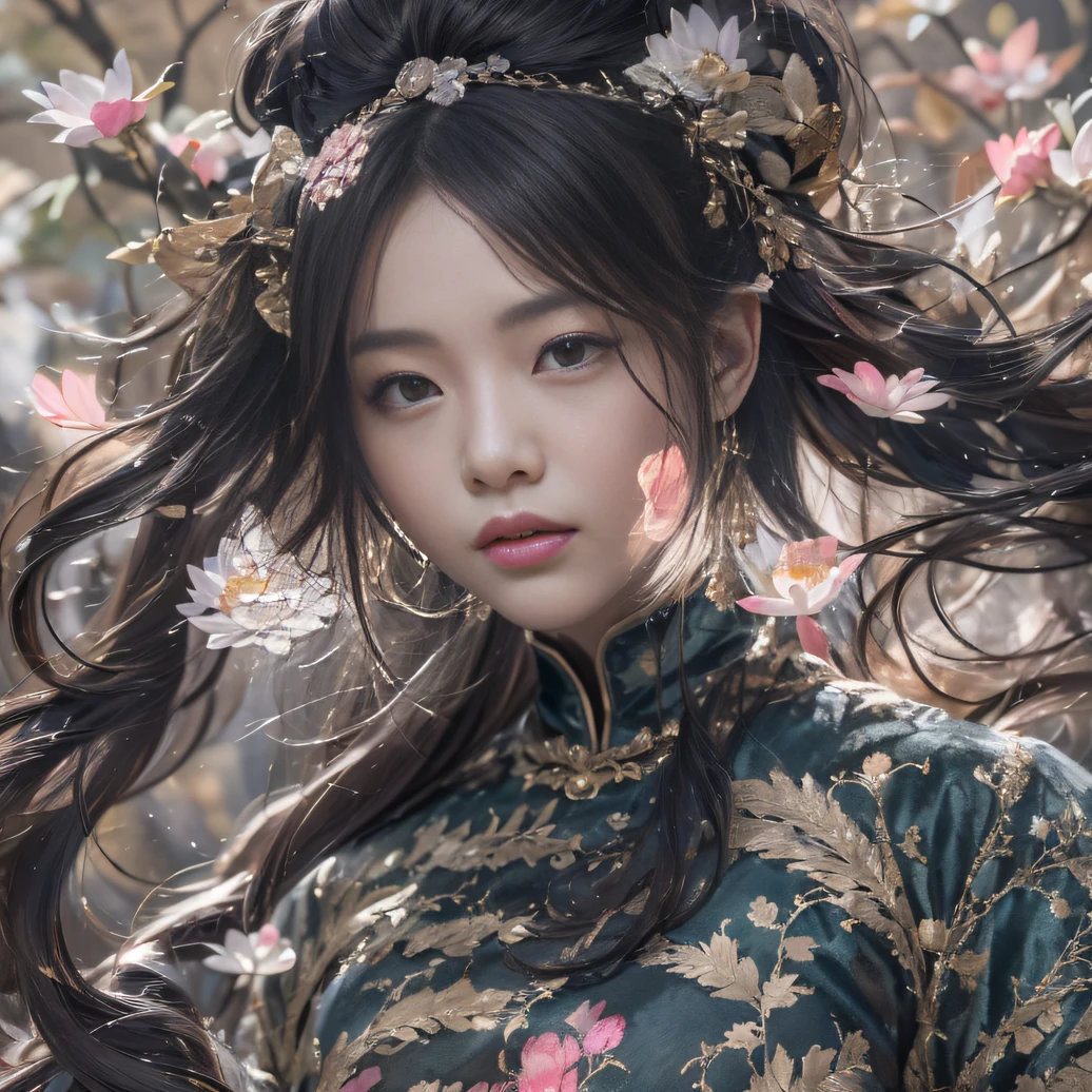 32K(tmasterpiece,k hd,hyper HD,32K)Long flowing black hair,ponds,zydink, a color, Xuzhou people (Silly girl), (Silk scarf), Combat posture, looking at the ground, long whitr hair, Floating hair, Carp pattern headdress, Chinese long-sleeved clothing, (abstract ink splash:1.2), Pink petal background,Pink and white lotus flowers fly(realisticlying:1.4),Black color hair,Fallen leaves flutter,The background is pure, A high resolution, the detail, RAW photogr, Sharp Re, Nikon D850 Film Stock Photo by Jefferies Lee 4 Kodak Portra 400 Camera F1.6 shots, Rich colors, ultra-realistic vivid textures, Dramatic lighting, Unreal Engine Art Station Trend, cinestir 800,Long flowing black hair,Denim skirt