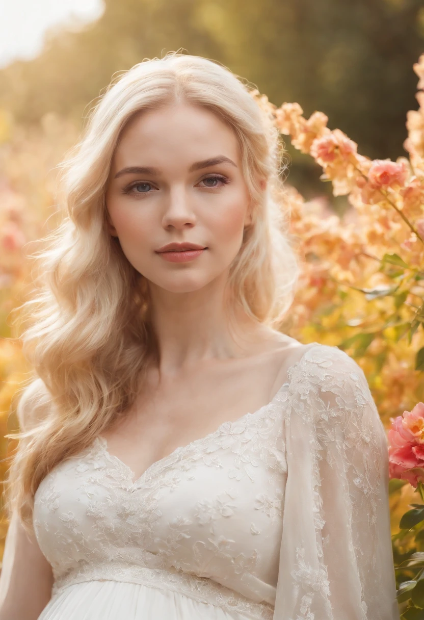 an up close photo of a pregnant woman, Beautiful pregnant woman, Stand with your hands dangling, long hair flowing with the wind, In the middle of colorful flower beds, White dress,((golden short hair)),beautiful flower