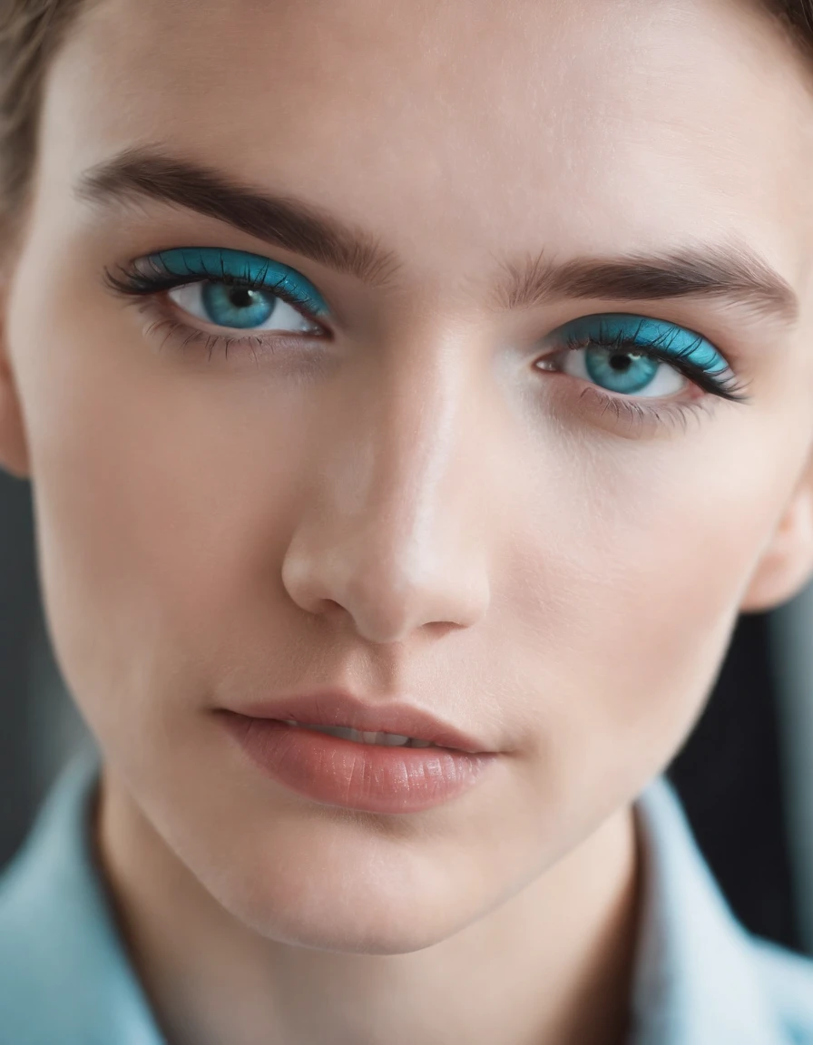 a young man with blue eyeshadow and lipstick by alma sotofor for stocksy united, in the style of light brown and turquoise, minimalist outlines, bright primary colors, stock photo, futuristic organic, sharp edges, accurate and detailed