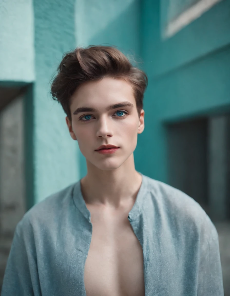 a young man with blue eyeshadow and lipstick by alma sotofor for stocksy united, in the style of light brown and turquoise, minimalist outlines, bright primary colors, stock photo, futuristic organic, sharp edges, accurate and detailed