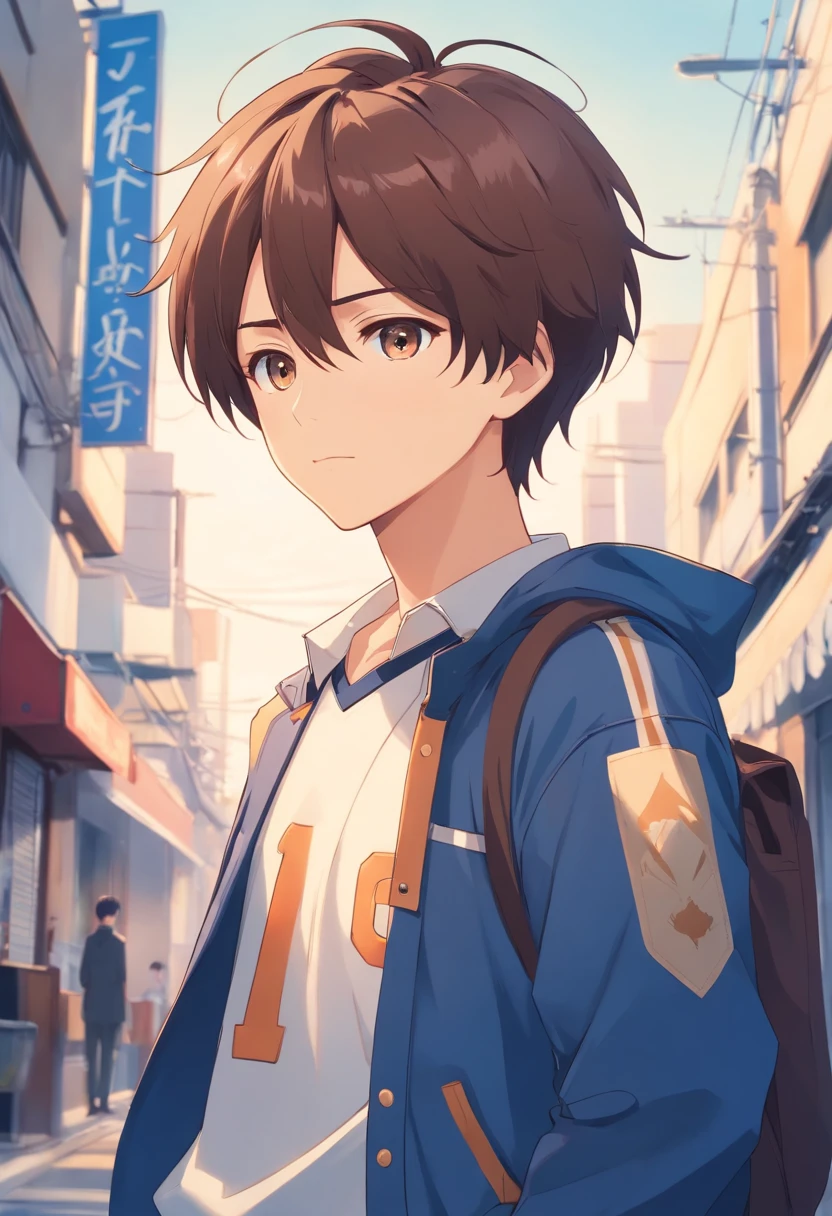 (anime boy): hair: brown, eyes: blue and bright, (Japanese student uniform). pants: long, shirt: blue.
{looking at the viewer with a slight smile and his hands in his pockets}.
[impeccable anime style, masterpiece with good style]