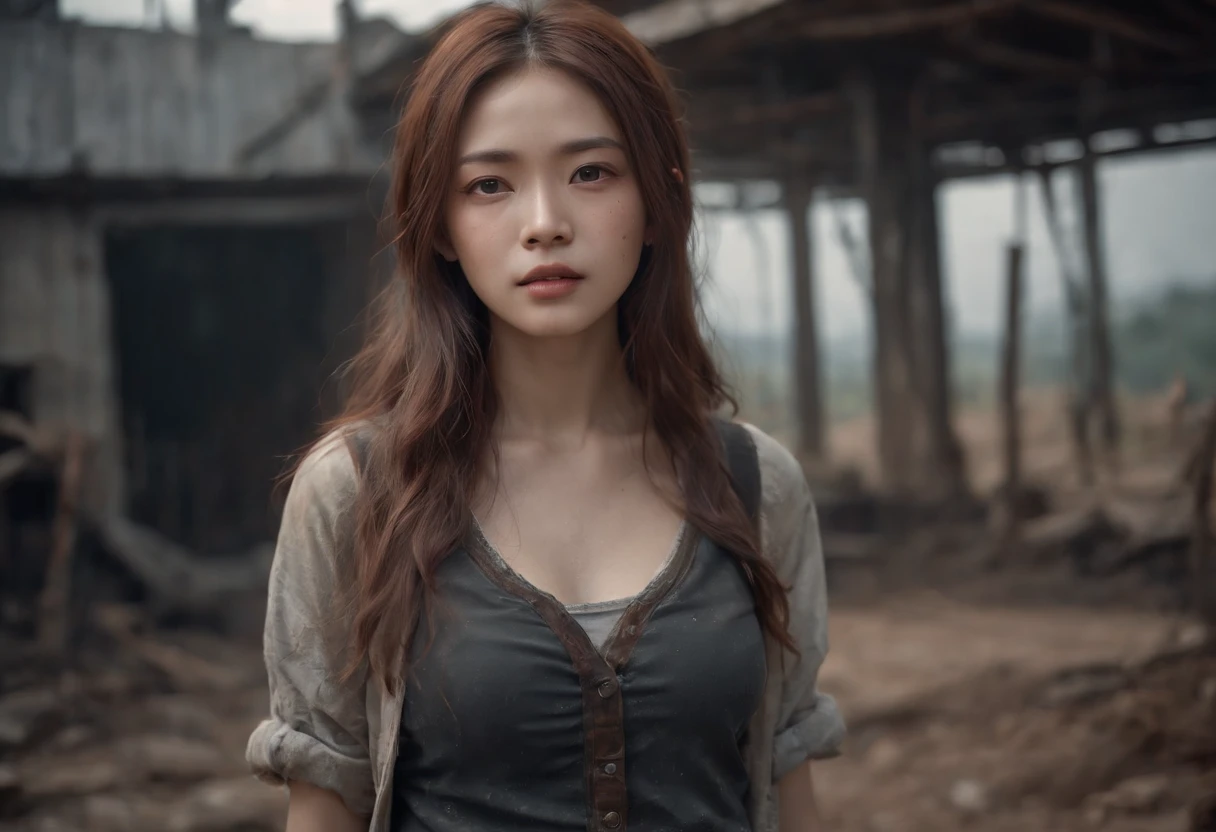 A breathtakingly beautiful girl, Radiant and charming eyes, Cold and intense, Long flowing hair, Sweaty body, Post-apocalyptic punk shirt, Short shorts, boot, Ultra photo realsisim, Realistic, best quality real texture skin, movie atmosphere, Tattered clothes, (Post-apocalyptic punk, Post-apocalyptic fiction), A post-apocalyptic world where buildings collapse, (blood stain), The art of Rei Kurahashi, Haunting and solemn, A beam of light shines through, Illuminate the gloomy environment, (Best quality, Masterpiece, Depth of field, Full-HD, 4K, Richness of detail), Portrait style,Upper body