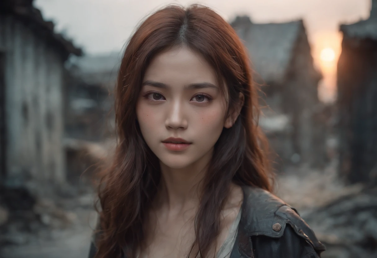A breathtakingly beautiful girl, Radiant and charming eyes, Cold and intense, Long flowing hair, Sweaty body, Post-apocalyptic punk shirt, Short shorts, boot, Ultra photo realsisim, Realistic, best quality real texture skin, movie atmosphere, Tattered clothes, (Post-apocalyptic punk, Post-apocalyptic fiction), A post-apocalyptic world where buildings collapse, (blood stain), The art of Rei Kurahashi, Haunting and solemn, A beam of light shines through, Illuminate the gloomy environment, (Best quality, Masterpiece, Depth of field, Full-HD, 4K, Richness of detail), Portrait style,Upper body