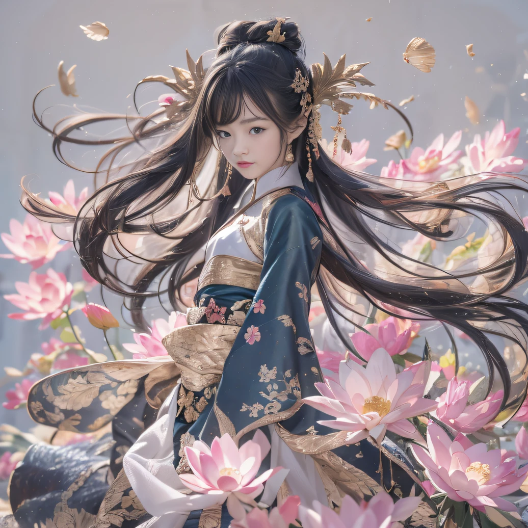 32K（tmasterpiece，k hd，hyper HD，32K）Long flowing black hair，ponds，zydink， a color， Xuzhou people （Silly girl）， （Silk scarf）， Combat posture， looking at the ground， long whitr hair， Floating hair， Carp pattern headdress， Chinese long-sleeved clothing， （abstract ink splash：1.2）， Pink petal background，Pink and white lotus flowers fly（realisticlying：1.4），Black color hair，Fallen leaves flutter，The background is pure， A high resolution， the detail， RAW photogr， Sharp Re， Nikon D850 Film Stock Photo by Jefferies Lee 4 Kodak Portra 400 Camera F1.6 shots, Rich colors, ultra-realistic vivid textures, Dramatic lighting, Unreal Engine Art Station Trend, cinestir 800，Long flowing black hair，Denim skirt