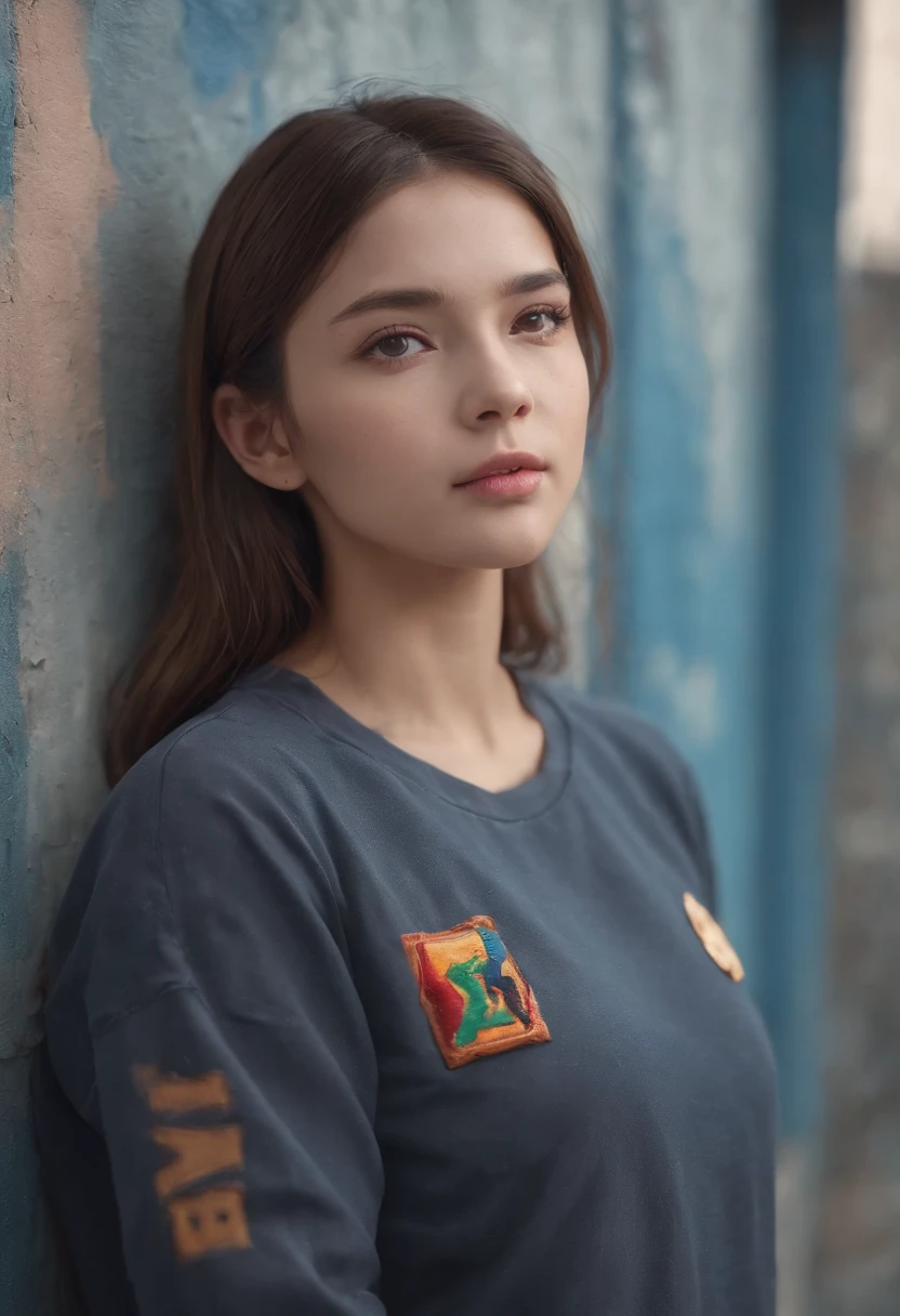 (Best Quality), Masterpiece, Highly detailed CG uniform 8K illustration, High Color, Very high saturation, All the colors have darkened, paints, Graffiti art, Center composition, Very delicate light and shadow, Graffiti Wall, The walls were brightly painted, 1 Girl Doodle 1 Girl looking at the wall, highly detailed face and eyes, middle length hair, Sportswear, Colored clouds,upper body naked