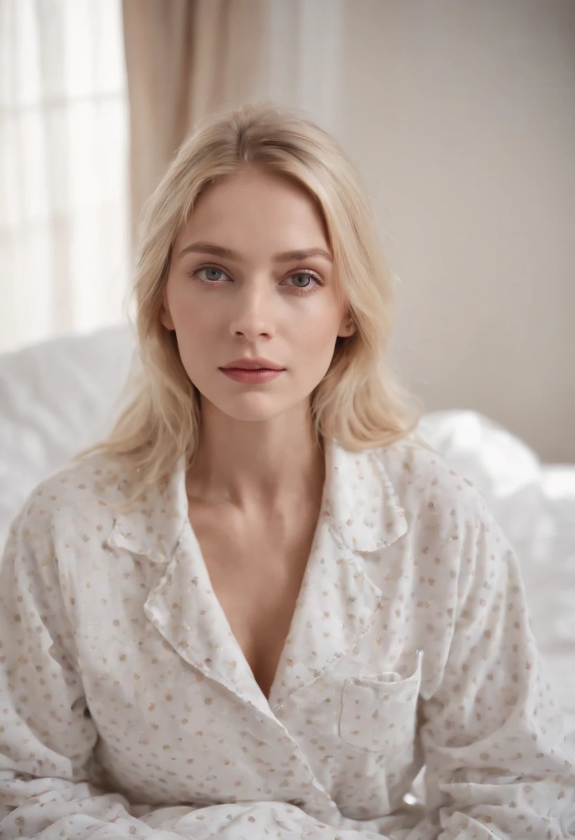 The blonde girl is lying in bed wearing pajamas，Scattered clothe，medium shot