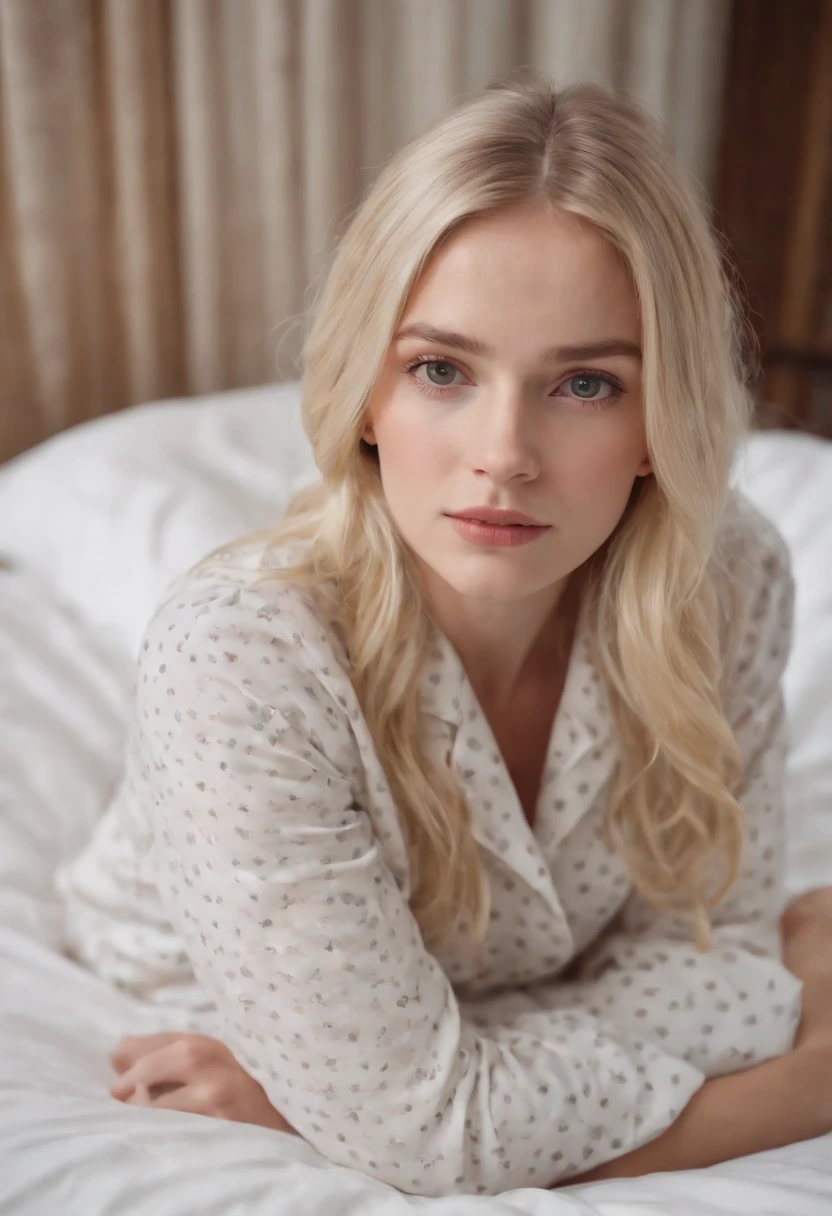 The blonde girl is lying in bed wearing pajamas,Scattered clothe,medium shot