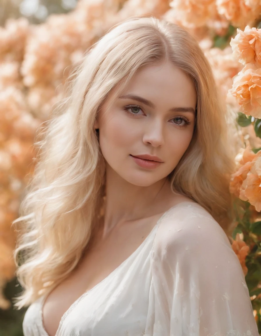 Close-up photo of a pregnant woman, Beautiful pregnant woman, Stand with your hands dangling, long hair flowing with the wind, In the middle of colorful flower beds, White dress,((with short golden hair)),beautiful flowers