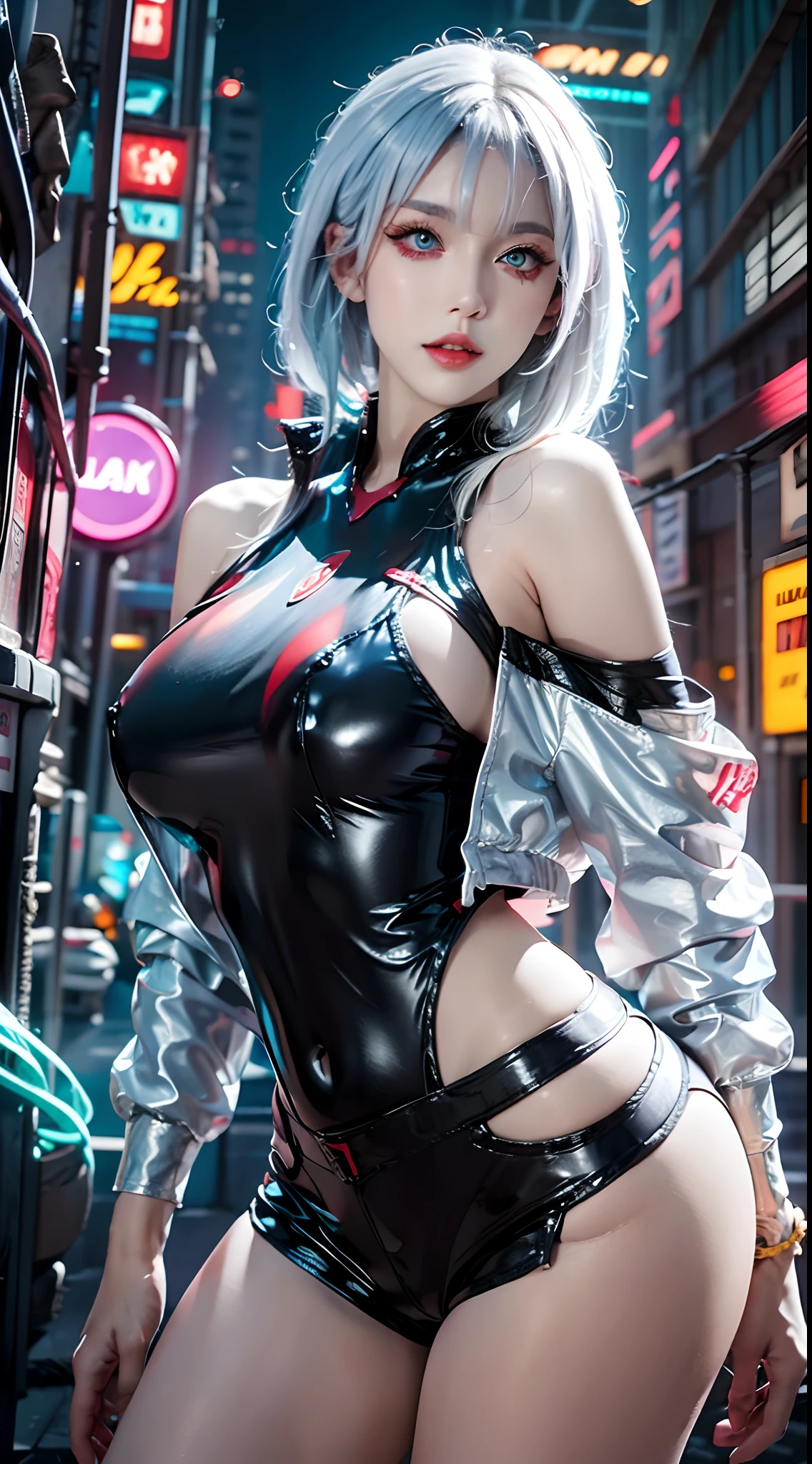photorealistic, high resolution, 1women, mature female, solo, blue eyes, hips up, white off-shouler jacket, black bodysuit, bare shoulders, white shorts, hip vent, (dynamic pose), fantasy, high contrast,cityscape, neon lights, neon trim, ((cyberpunk)), 1 sweet girl,white short hair, bangs, ((red eyeliner)), ((makeup)),red lips