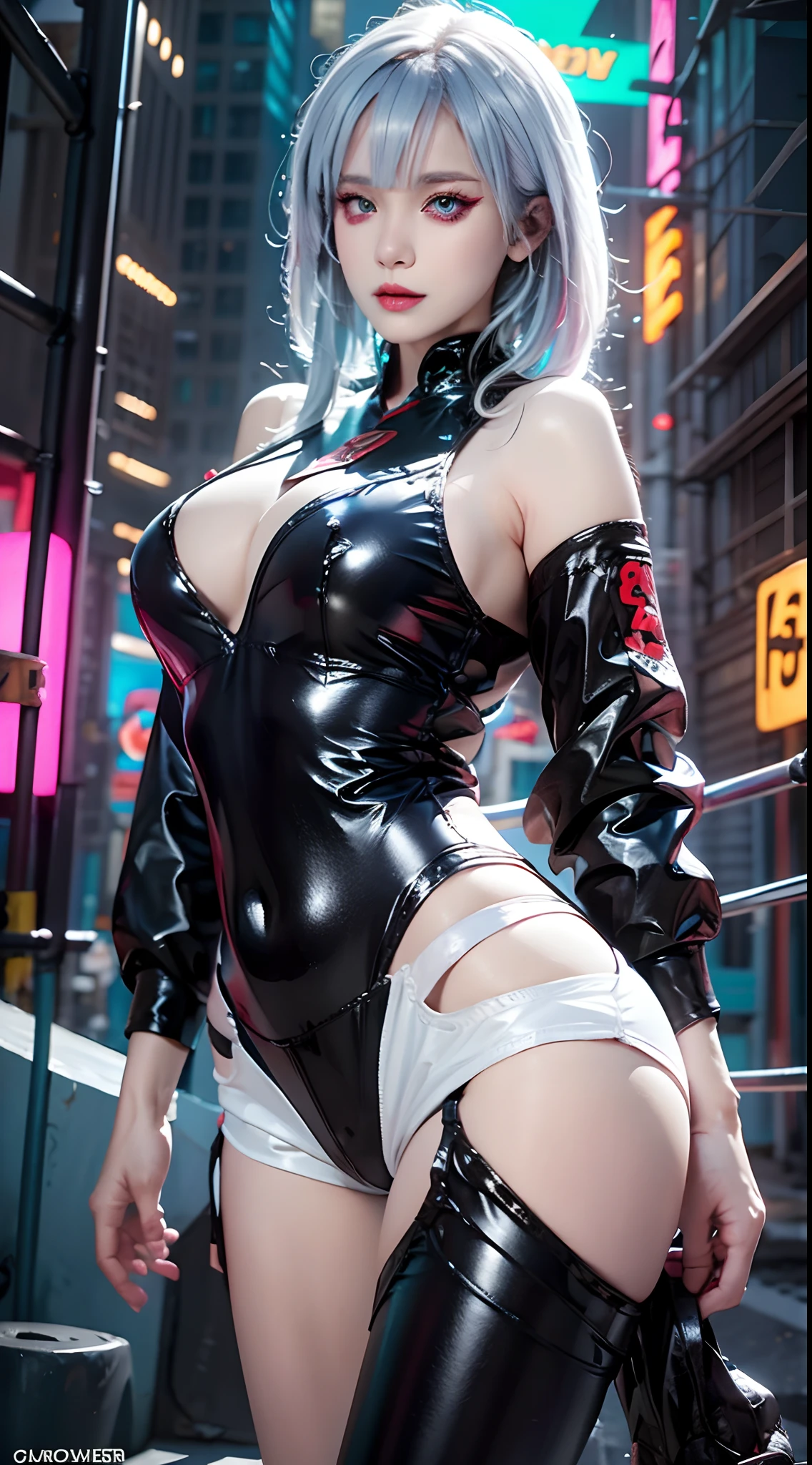 photorealistic, high resolution, 1women, mature female, solo, blue eyes, hips up, white off-shouler jacket, black bodysuit, bare shoulders, white shorts, hip vent, (dynamic pose), fantasy, high contrast,cityscape, neon lights, neon trim, ((cyberpunk)), 1 sweet girl,white short hair, bangs, ((red eyeliner)), ((makeup)),red lips