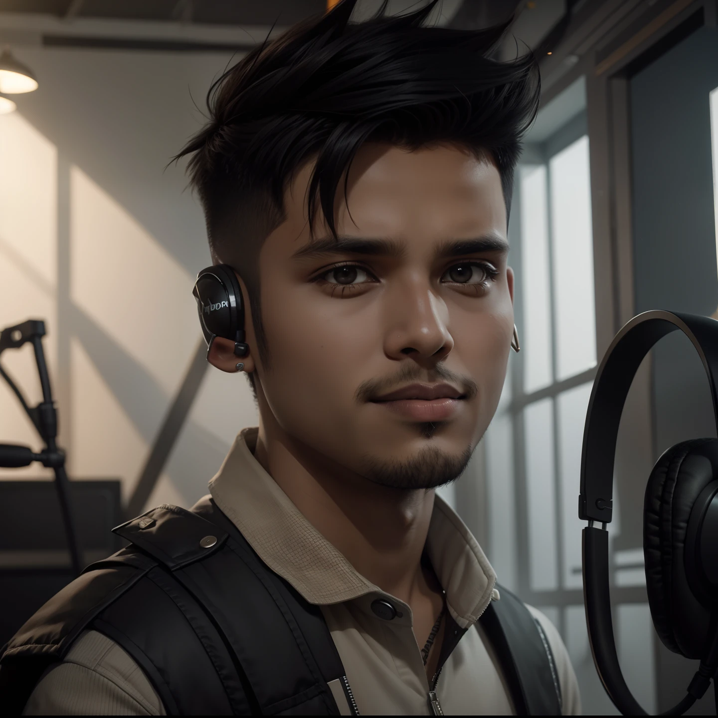 young Bangali boy name urban legend with short spiky hair in Studio co
siting with  headphone in ears seeing camera front show full body 4k Details