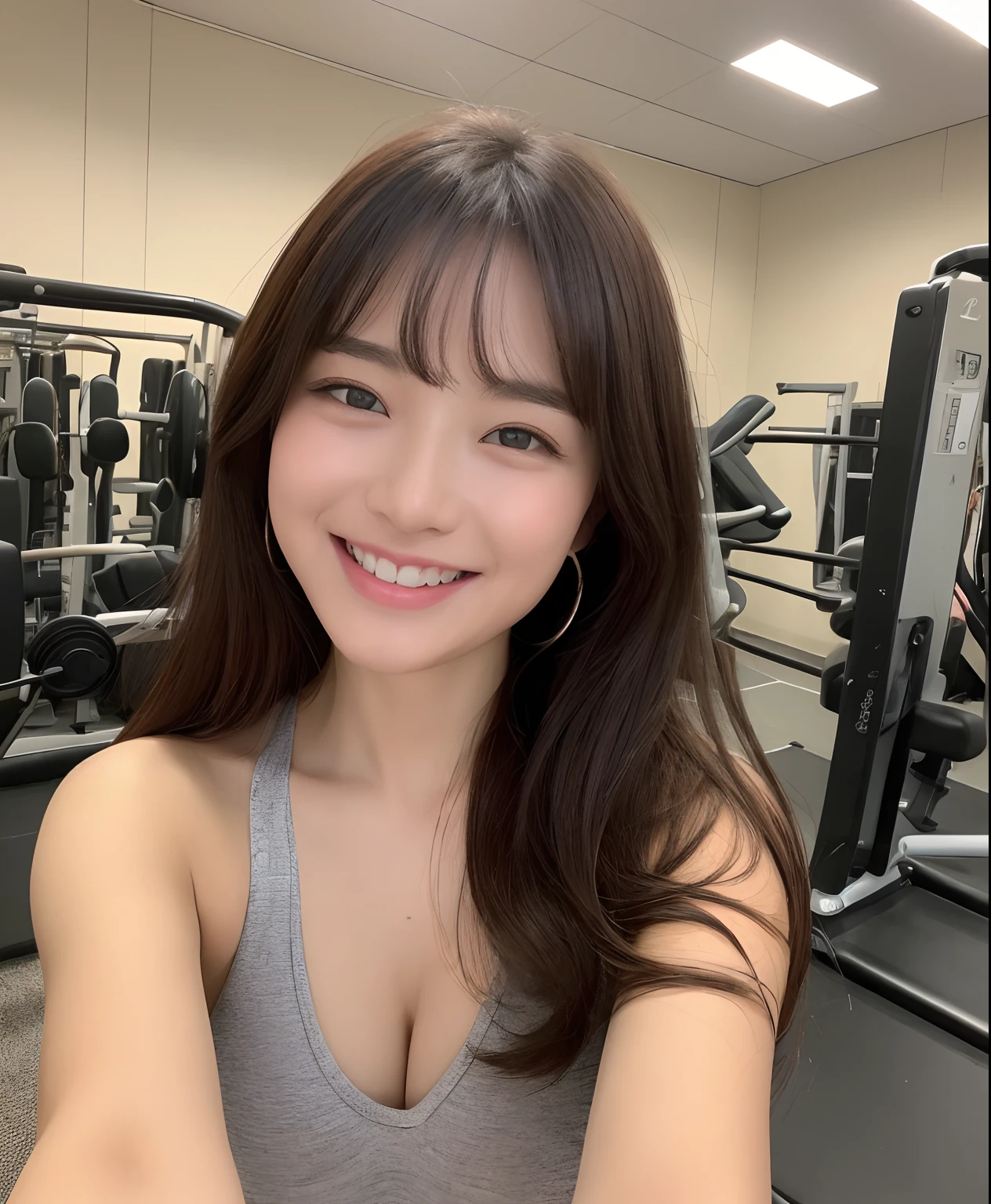 The woman who jumped her、nice hand、4K、A high resolution、tmasterpiece、top-quality、wear cap:1.3、((hasselblad photograph))、Fine skin、foco nítido、(lighting like a movie)、Soft lighting、dynamic ungle、[:(详细的脸:1.2):0.2]、Medium chest、sweat pouring down the skin:1.2、(((In the gym))) Cute smile　Viewer's perspective　Colossal tits　tying  hair　Sleeveless cleaning　Beautiful gym　Yoga Wear