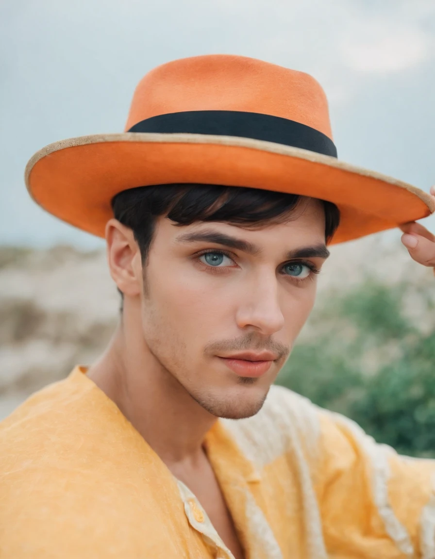 a man in a hat wearing bright orange/black eyeshadow while posing for a magazine advertisement, in the style of light sky-blue and yellow, jake parker, genderless, tropical baroque, jessie arms botke, digitally enhanced, andrzej sykut
