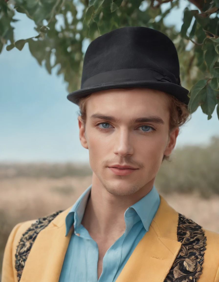 a man in a hat wearing bright orange/black eyeshadow while posing for a magazine advertisement, in the style of light sky-blue and yellow, jake parker, genderless, tropical baroque, jessie arms botke, digitally enhanced, andrzej sykut