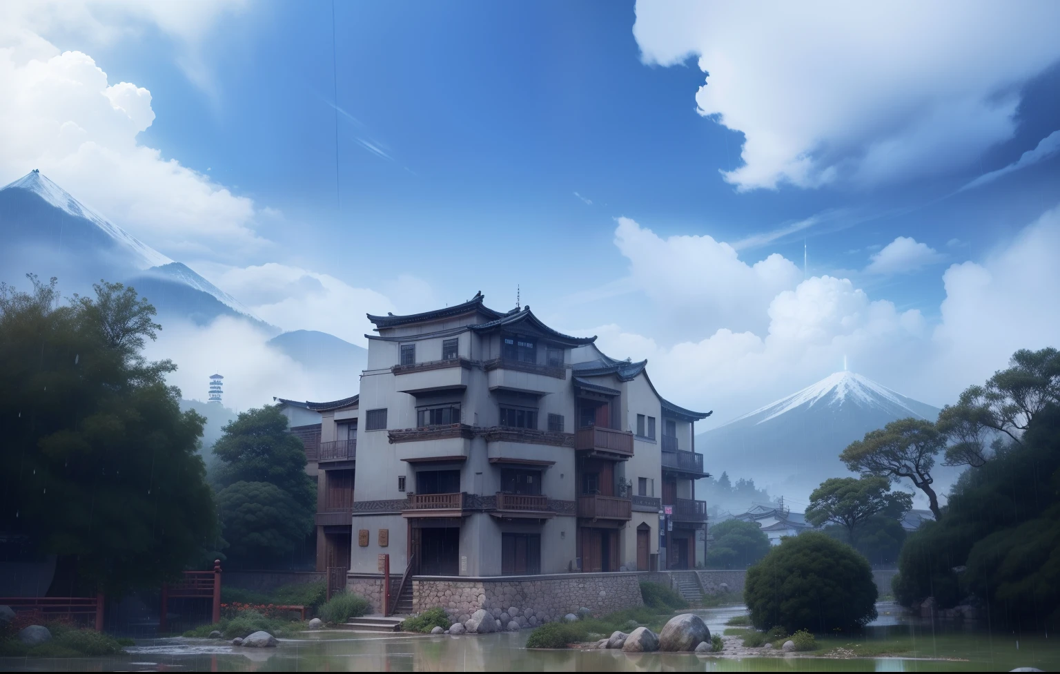 arafed view of a village with a lot of lights on the buildings, dreamy chinese town, chinese village, amazing wallpaper, japanese town, japanese village, hyper realistic photo of a town, old asian village, japanese city, by Raymond Han, rainy evening, cyberpunk chinese ancient castle, beautifully lit buildings, at evening during rain, beautiful and aesthetic, photography, cinematic, 8k, high detailed ((Heavy rain)))