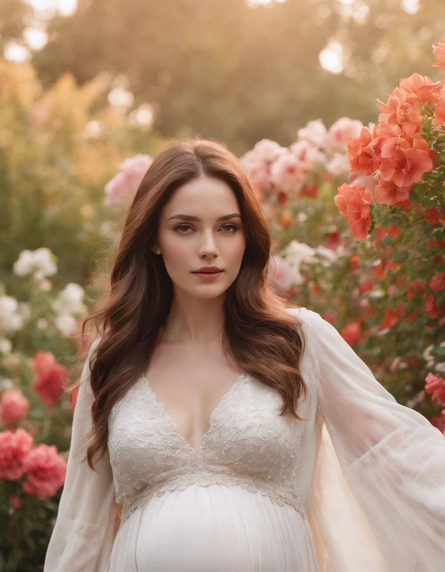 Cowboy Shot,Medium Long Shot,pregnant woman,Beautiful girl, Stand with your hands dangling, long hair flowing with the wind, In the middle of colorful flower beds, White dress
