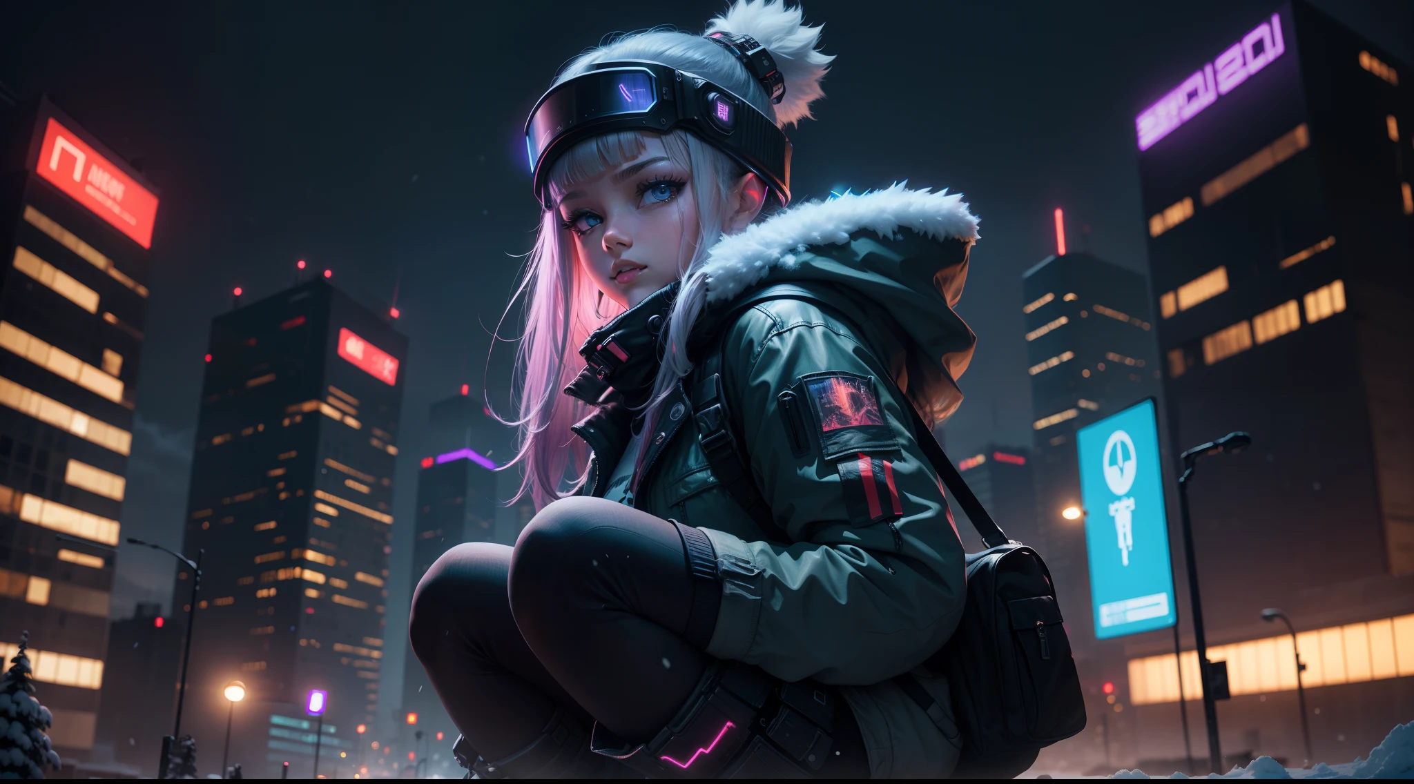 Cyberpunk, snowfall, young girl, night city, extremely detailed face, 4k, hd wallpaper, full body, cybernetics