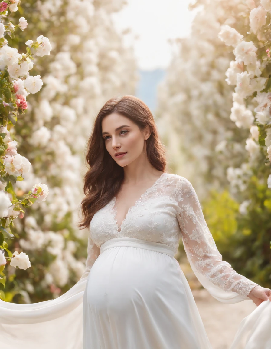 an up close photo of a pregnant woman, Beautiful pregnant woman, Stand with your hands dangling, long hair flowing with the wind, In the middle of colorful flower beds, White dress