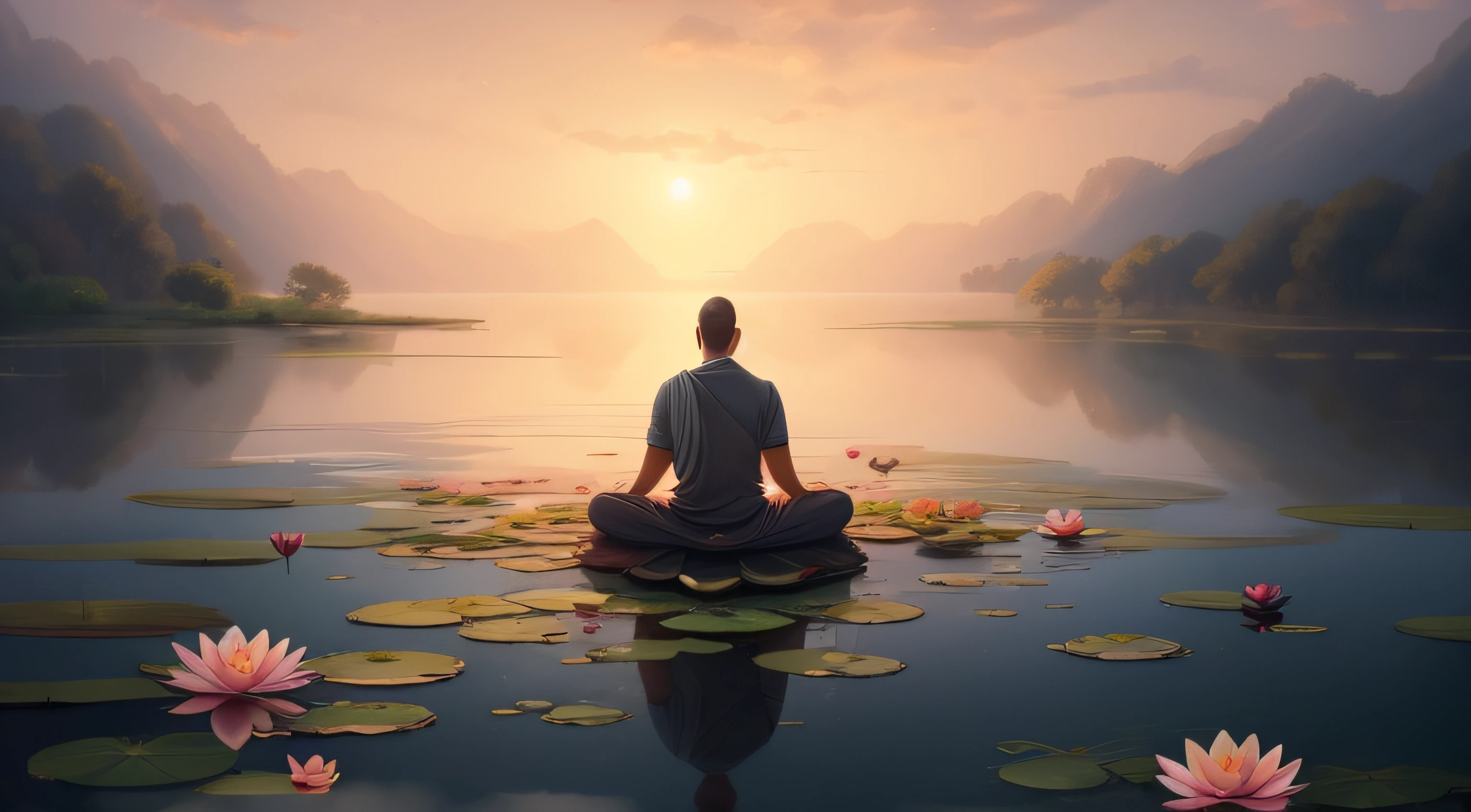 painting of a man sitting in a lotus position on a lake with water lilies, sitting on a lotus flower, meditation, hd wallpaper, zen meditation, setting is bliss wallpaper, amazing wallpaper