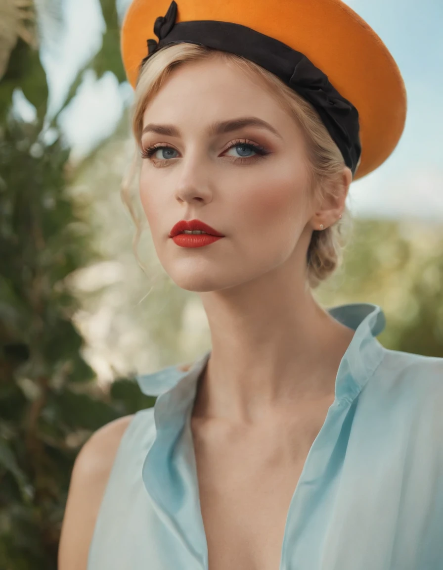 a man in a hat wearing bright orange/black eyeshadow while posing for a magazine advertisement, in the style of light sky-blue and yellow, jake parker, genderless, tropical baroque, jessie arms botke, digitally enhanced, andrzej sykut,(upper body)