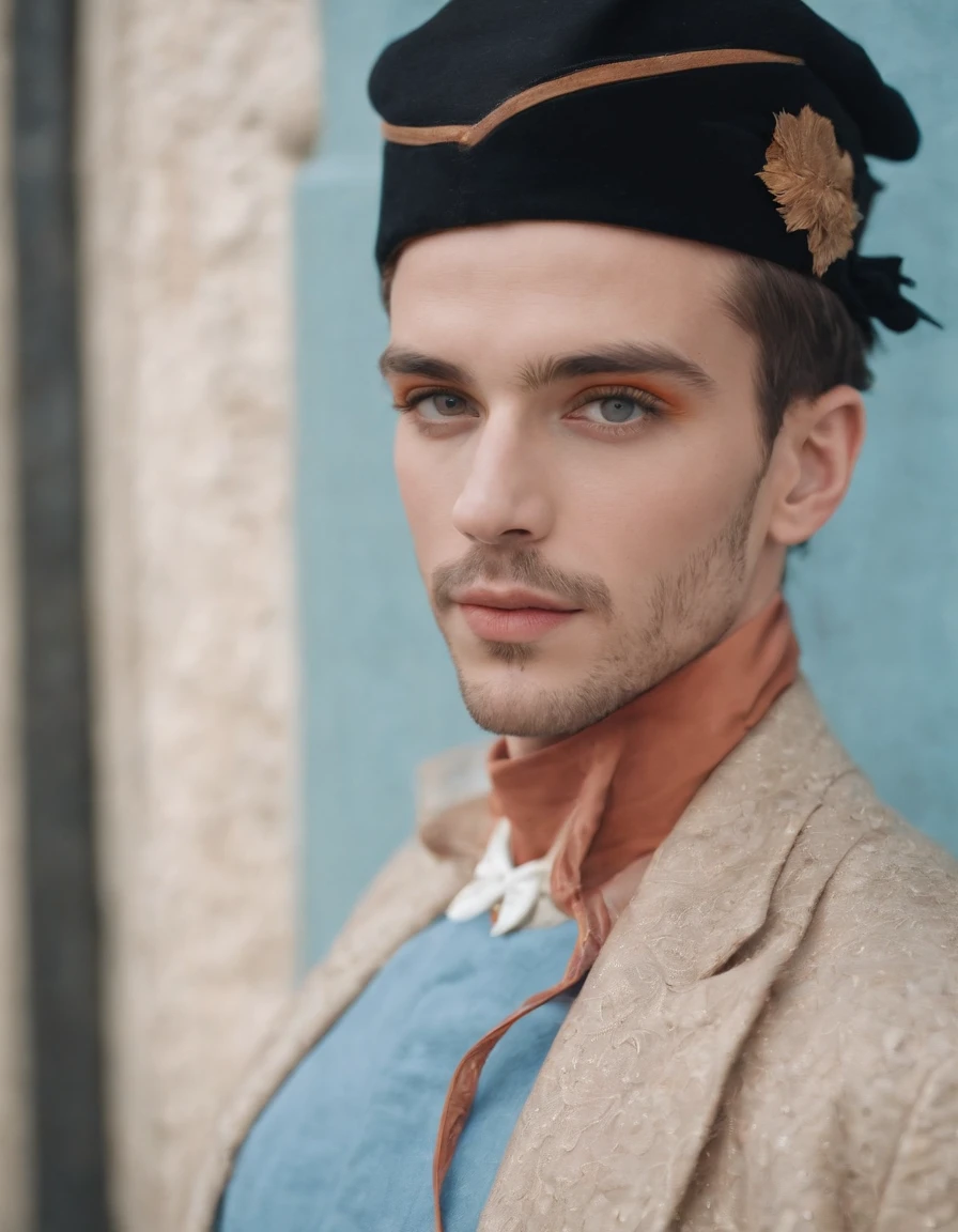 a man in a hat wearing bright orange/black eyeshadow while posing for a magazine advertisement, in the style of light sky-blue and yellow, jake parker, genderless, tropical baroque, jessie arms botke, digitally enhanced, andrzej sykut,(upper body)