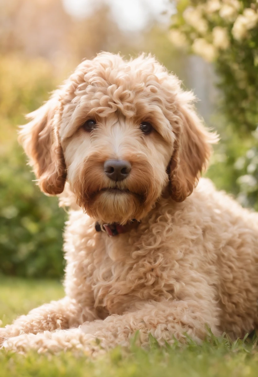 Sweet little girl, and Labradoodles in the garden, There are flowers, There are fountains,medium long shot