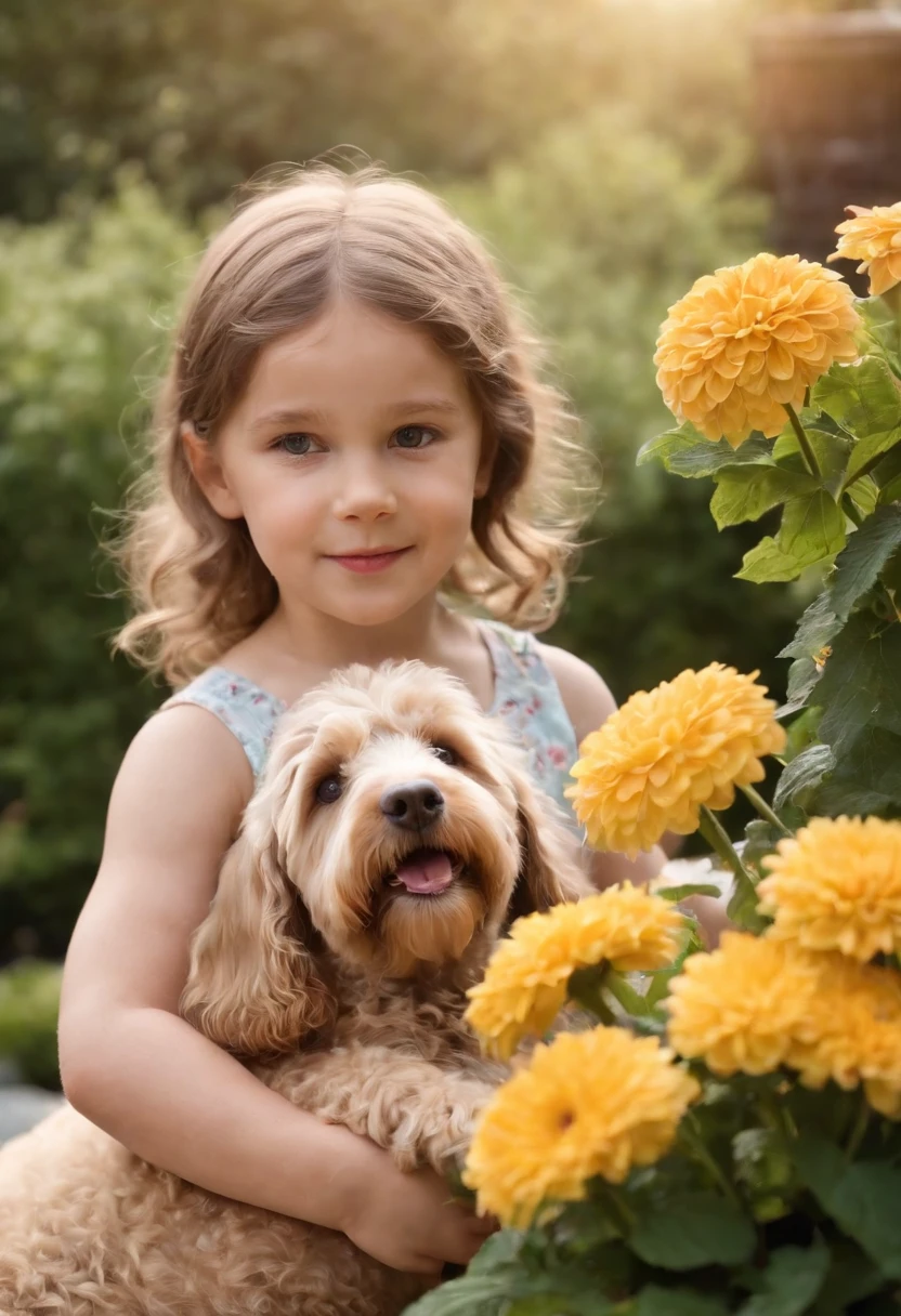 Sweet  girl,((medium close-up)),6 year oLabradoodles in the garden, There are flowers, There are fountains,