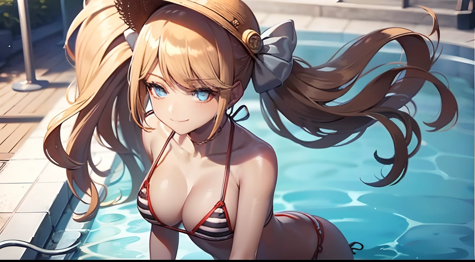 1girl Striped Micro Bikini、(Brown skin)、(Blonde Shorthair)、(Wearing a straw hat)、年轻、Cute、a beauty girl、Perfect Style、Colossal tits、Emphasizes cleavage、A slight smil、8k、ighly detailed、top-quality、Top image quality、超A high resolution、masterpiece、(one girls)、swimming pools, 1boy sexy dark hair with male swimsuit