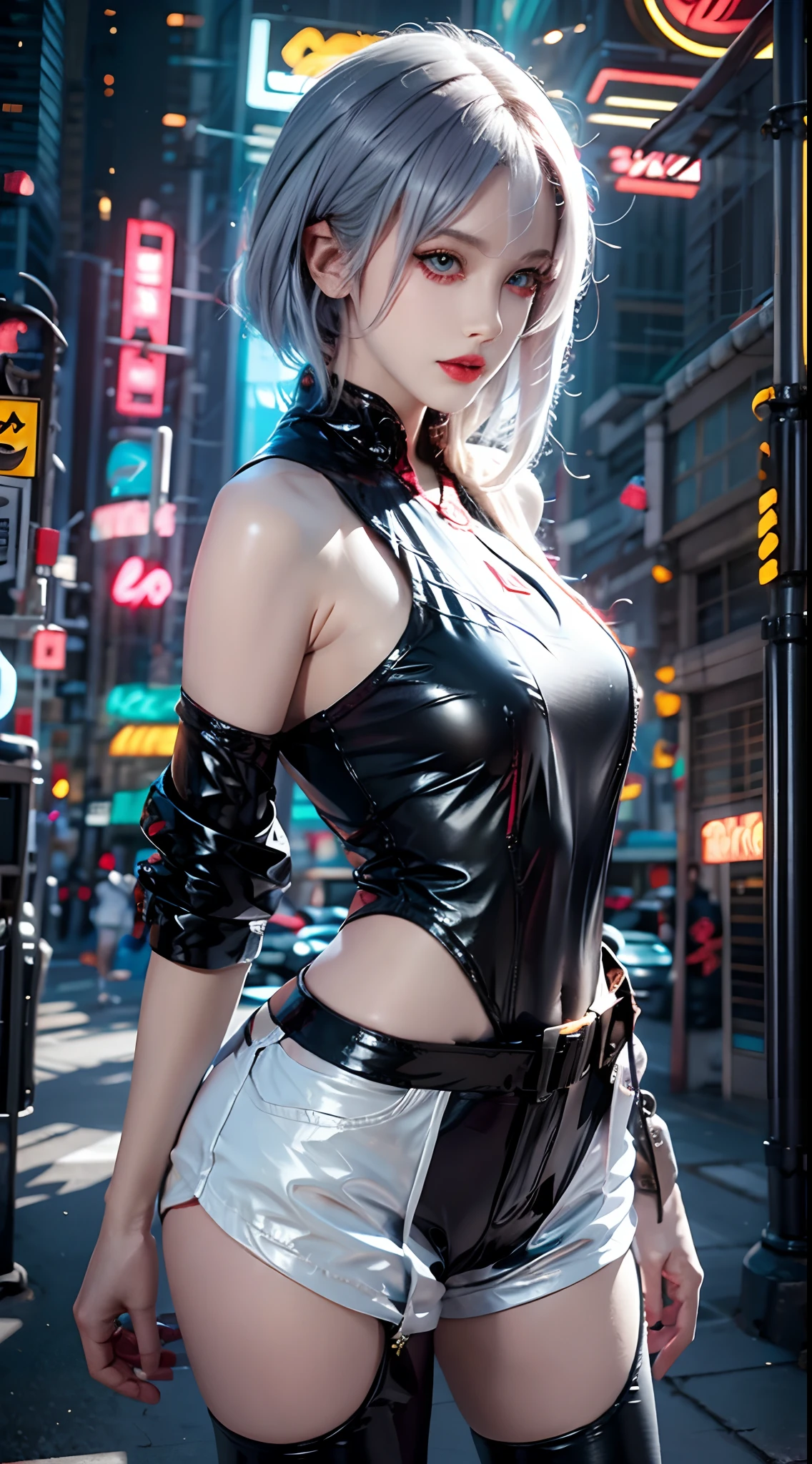 (photo realistic1.2),ultra detailed,(8K),(1girl),(cyberpunk:1.5),(ruins),(bed),Matte clothing,(cyberpunk costume:1.5),Futuristic Weapons,Future Items,Goggles of the Future,topless, (small nipples), (big breasts: 1.2),nude gravure, beautiful Japanese, clothes in disarray,earrings,(from above),looking at viewer,(reaching out),(snicker),bust shot,(silver hair),(medium hair),22years old, 