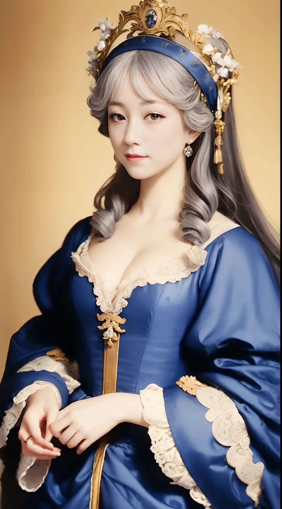 Rococo period painting、watercolor paiting、Gentle queen with gray hair、Good body shape、Kings of the Middle Ages、putting on a crown、Dresses of the Rococo era、Angel Smile、huge-breasted、Detailed upper body