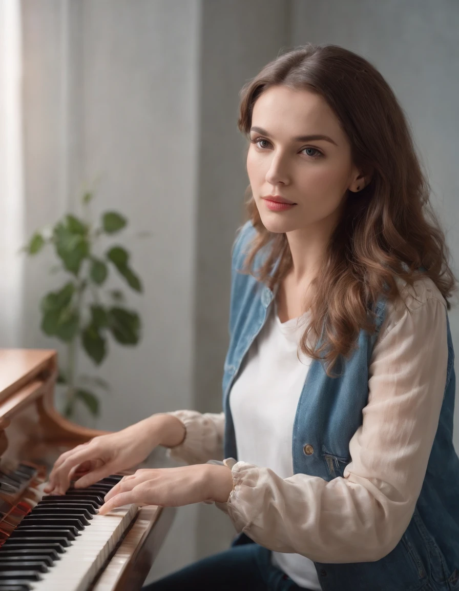 woman dressed casual 80s style, plays electronic keyboard, background retro room, natural lighting, half length shot, high quality photo