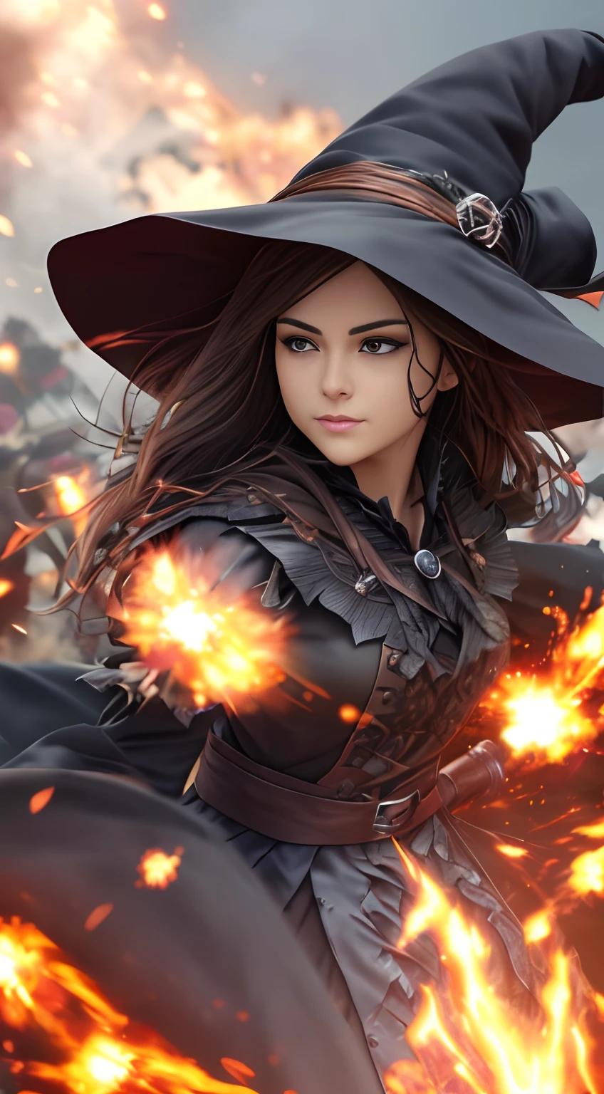 (best quality:1.2,highres,ultra-detailed:1.1),Witch costume,detailed face:1.2,explosion in the background,masterpiece:1.2,extreme detail description,vivid colors,sharp focus