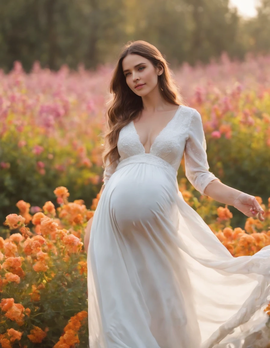 an up close photo of a pregnant woman, Beautiful pregnant woman, Stand with your hands dangling, long hair flowing with the wind, In the middle of colorful flower beds, White dress