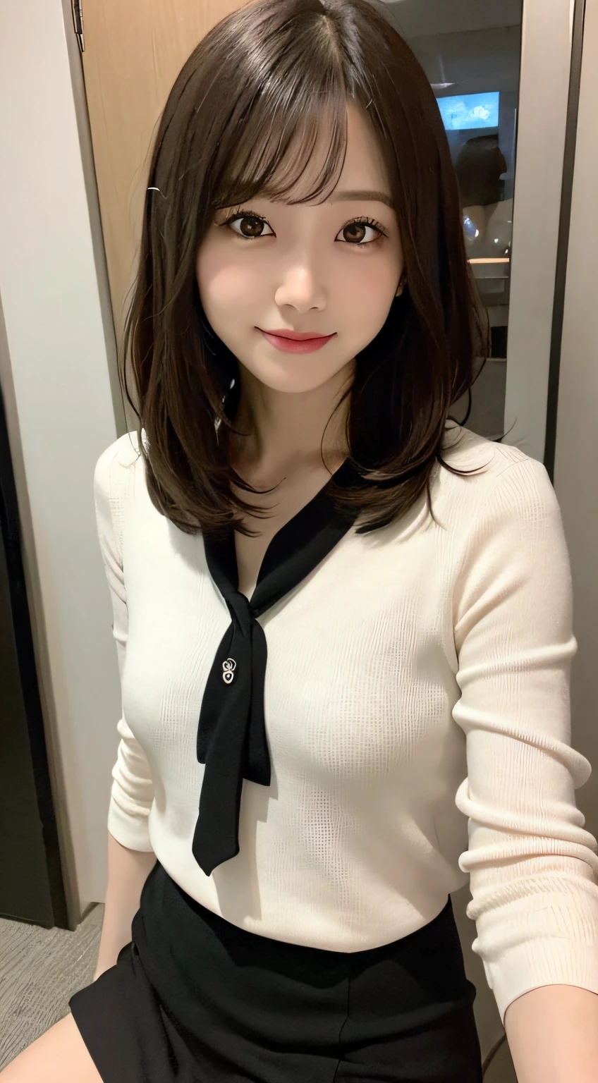 masutepiece, Best Quality, Illustration, Ultra-detailed, finely detail, hight resolution, 8K Wallpaper, Perfect dynamic composition, Beautiful detailed eyes, Office Lady Suit,Shorthair,small tits,Natural Color Lip, Bold sexy poses,Smile,Shinjuku、20 years girl、Cute、Sexy shot looking at camera、Black tight mini skirt、Black miniskirt