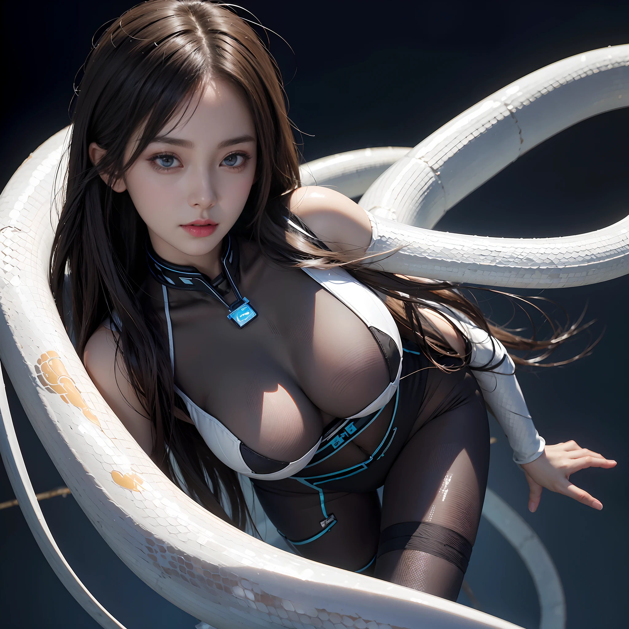 Close-up of people，Prosperous face，super-fine，realisticlying，Transparent tights girl，huge tit，Transparent mech，Fantastic aura，white backgrounid，Behind her is a huge python