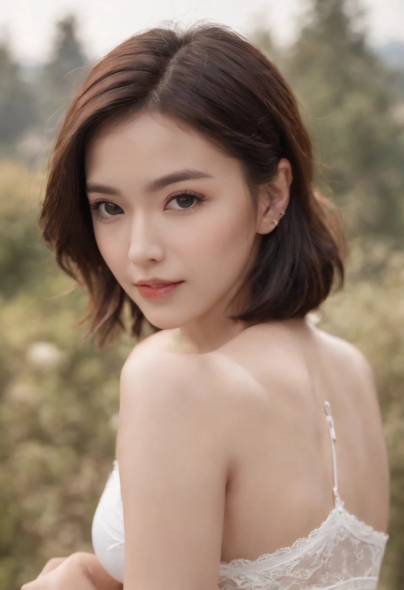 photographrealistic, 1 girl,25-years old, (top-quality:1.4), (White underwear), ((toppless)), (Black eyes), Detailed eyes, (Black hair), Short bob hair, (Beautiful breasts),Slender girl, looking for viewer、NSFW、Slender figure、Exposed small breasts、 Yui Arakaki、 There is a village frame pure、profetional lighting、Exposed、