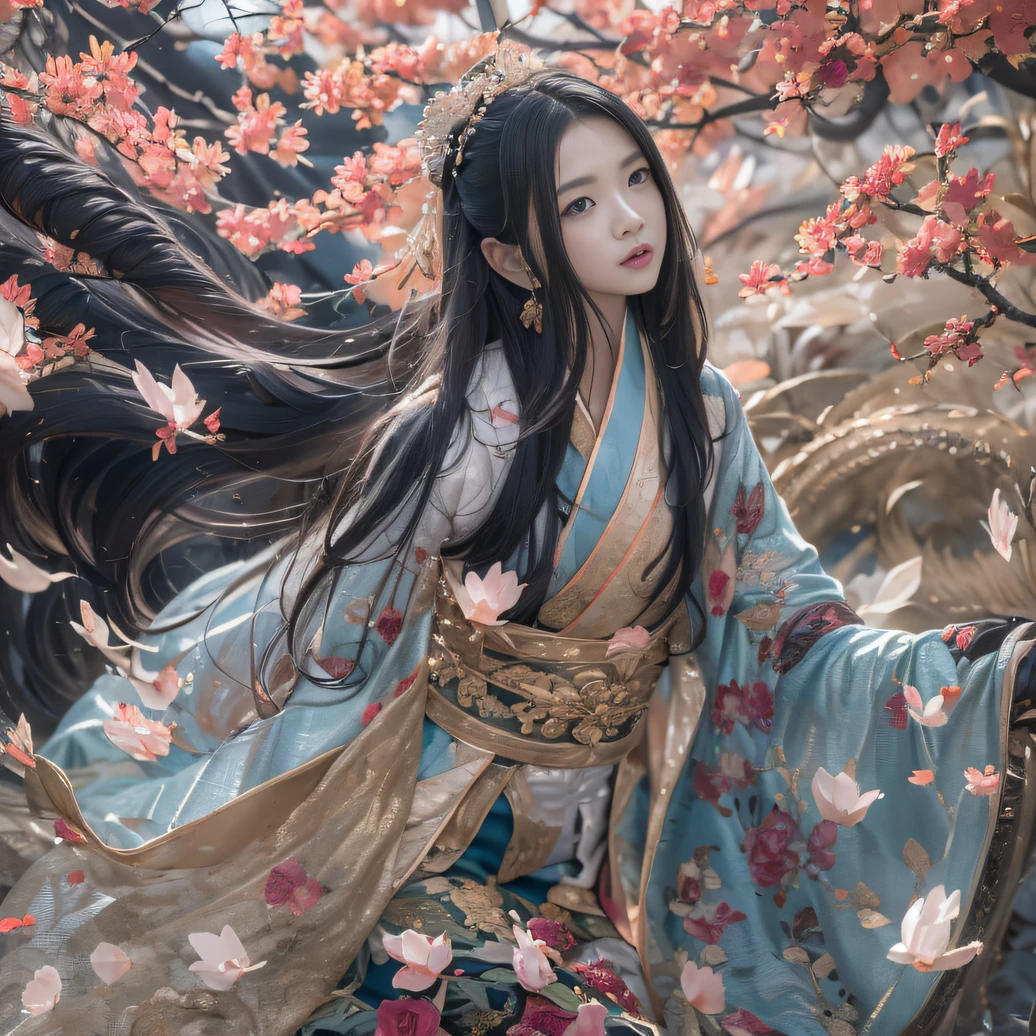 32K(tmasterpiece,k hd,hyper HD,32K)Long flowing black hair,ponds,zydink, a color, Aozhou people (Concubine girl), (Silk scarf), Combat posture, looking at the ground, long whitr hair, Floating hair, Carp pattern headdress, Chinese long-sleeved clothing, (abstract ink splash:1.2), Pink petal background,Pink and white lotus flowers fly(realisticlying:1.4),Black color hair,Fallen leaves flutter,The background is pure, A high resolution, the detail, RAW photogr, Sharp Re, Nikon D850 Film Stock Photo by Jefferies Lee 4 Kodak Portra 400 Camera F1.6 shots, Rich colors, ultra-realistic vivid textures, Dramatic lighting, Unreal Engine Art Station Trend, cinestir 800,Long flowing black hair,Denim skirt
