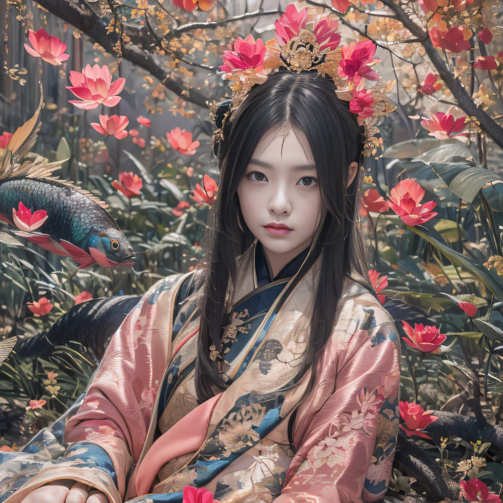 32K(tmasterpiece,k hd,hyper HD,32K)Long flowing black hair,ponds,zydink, a color, Aozhou people (Concubine girl), (Silk scarf), Combat posture, looking at the ground, long whitr hair, Floating hair, Carp pattern headdress, Chinese long-sleeved clothing, (abstract ink splash:1.2), Pink petal background,Pink and white lotus flowers fly(realisticlying:1.4),Black color hair,Fallen leaves flutter,The background is pure, A high resolution, the detail, RAW photogr, Sharp Re, Nikon D850 Film Stock Photo by Jefferies Lee 4 Kodak Portra 400 Camera F1.6 shots, Rich colors, ultra-realistic vivid textures, Dramatic lighting, Unreal Engine Art Station Trend, cinestir 800,Long flowing black hair,Denim skirt