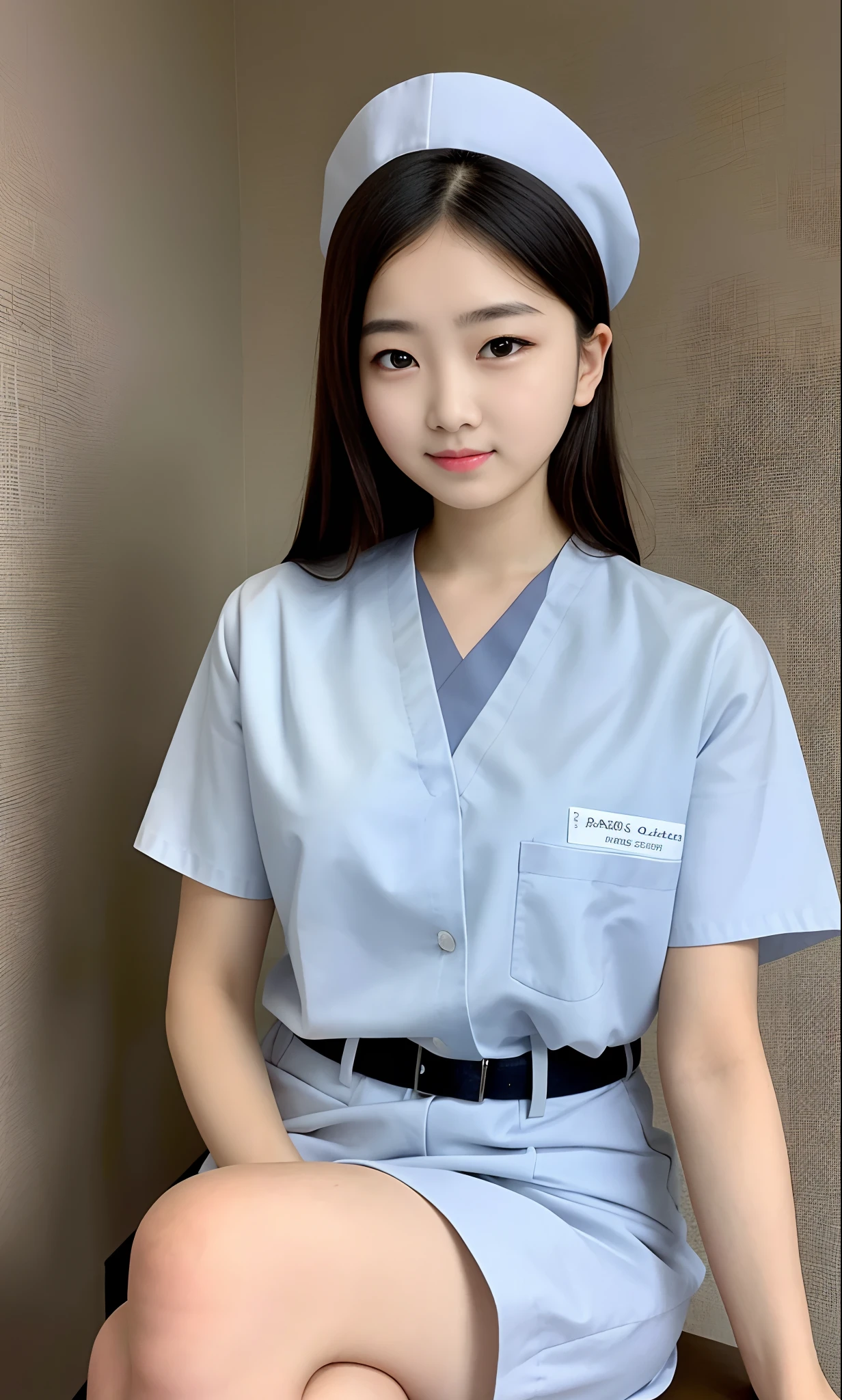 20-year-old beauty, wearing white nurse uniform, healthcare worker, Wear a nurse's uniform in the hospital, Sit tight, Sit in the waiting room, Portrait of a nurse on a stool, Beautiful nurse, resting after a hard mission, BREAK BREAK BREAK, woman is sitting, , resting after a hard fight,fully body photo