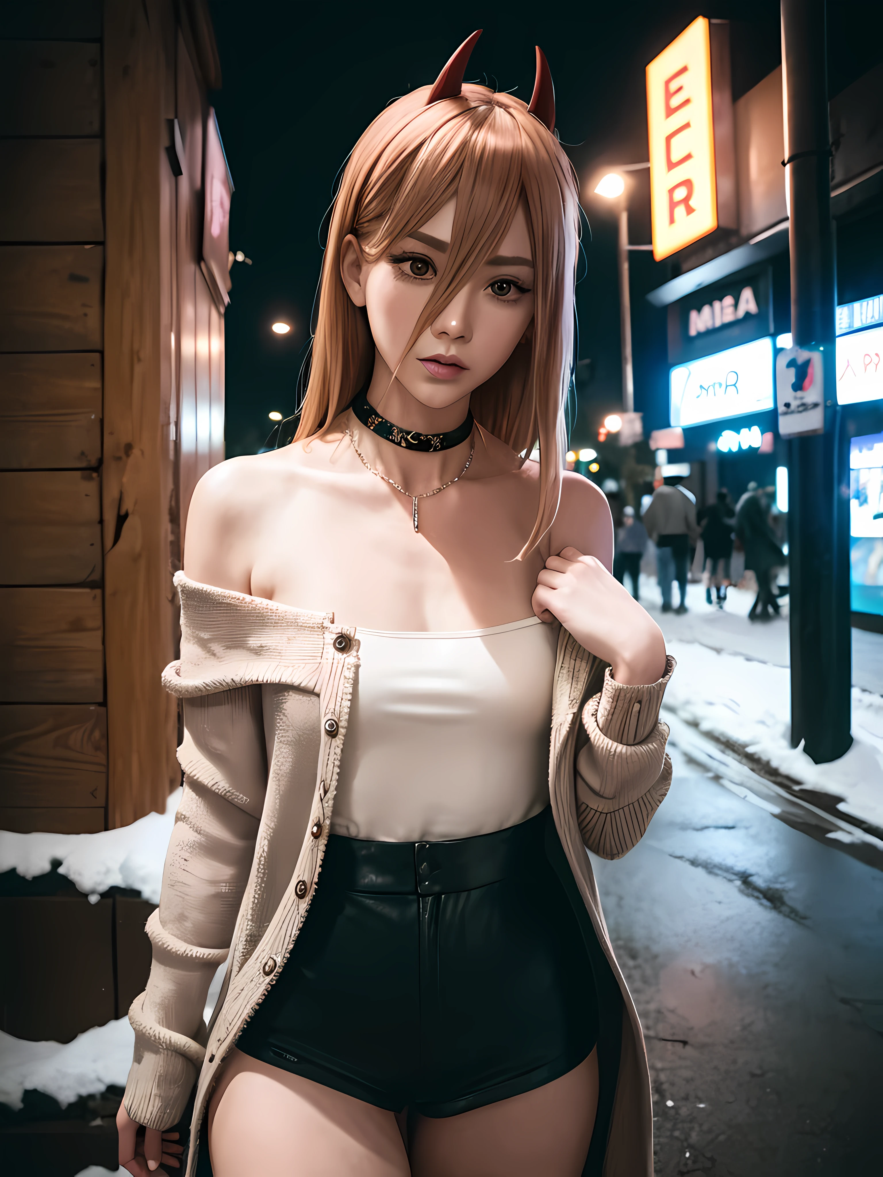 standing in the street at night, snow on the ground, seductive, beauty spot on chin, wearing a loose oversized jacket, off the shoulder, fishnet leggings, wearing an oversized white formal shirt, sexy thighs, side pose, small mole on the chin, blushing, neon lights in the background, detailed background, raining, long sleeves, neck choker with necklace, long necklace, evil look, detailed digital anime art