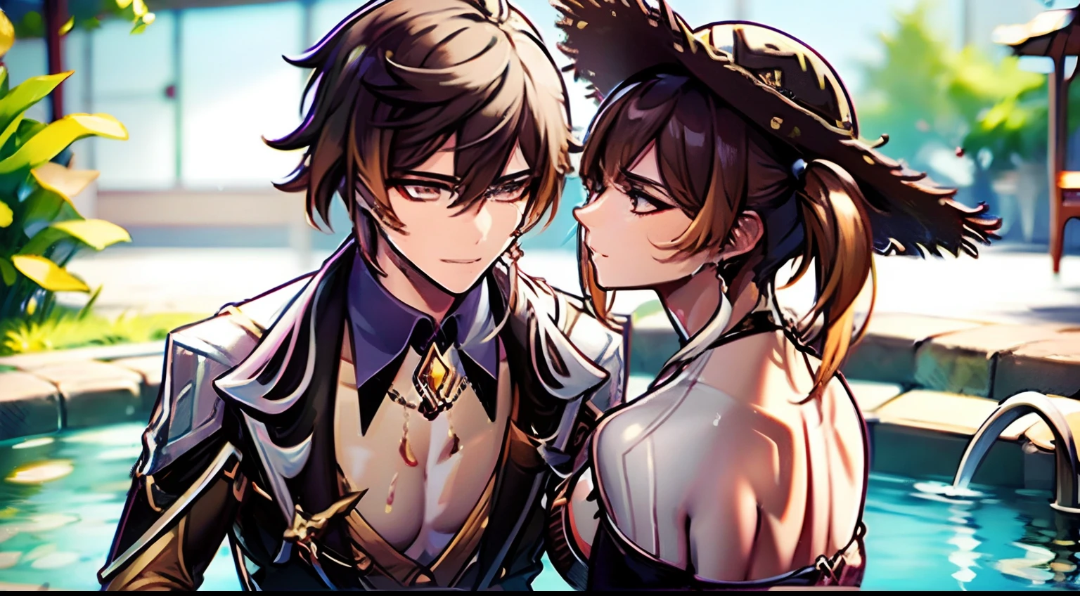 a couple in the pool, 1girl Striped Micro Bikini、(Brown skin)、(Blonde Shorthair)、(Wearing a straw hat)、年轻、Cute、a beauty girl、Perfect Style、Colossal tits、Emphasizes cleavage、A slight smil、8k、ighly detailed、top-quality、Top image quality、超A high resolution、masterpiece、(one girls)、swimming pools, 1boy sexy dark hair with male swimsuit