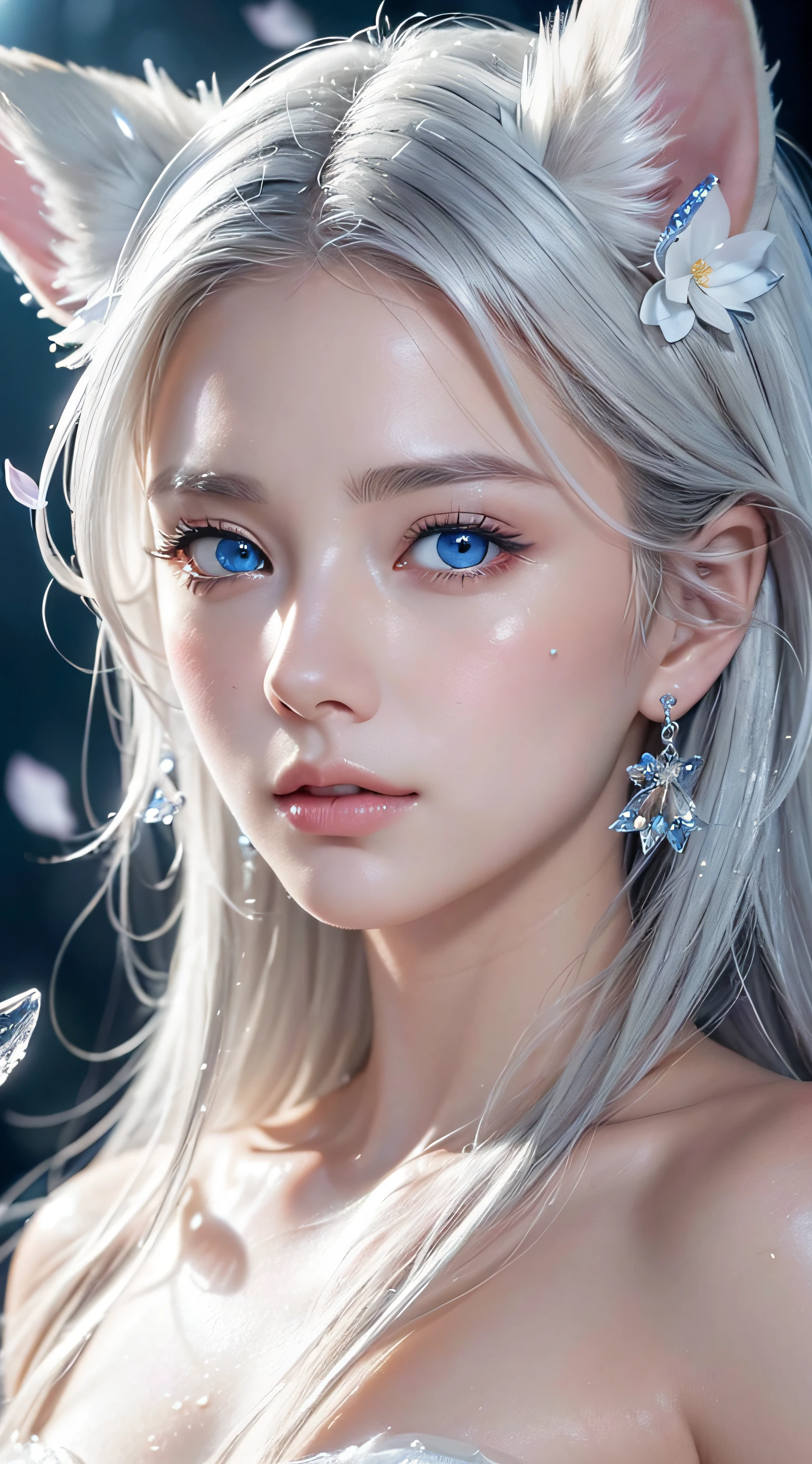 masterpiece, best quality,
official art, extremely
detailed cg 8k wallpaper,
(flying petals)
(detailed ice) , crystals
texture skin, cold
expression, ((fox ears)),
white hair, long
hair, messy hair, blue eye,
looking at viewer,
extremely delicate and
beautiful, water, ((beauty
detailed eye)), highly
detailed, cinematic
lighting, ((beautiful face),
fine water surface, (original
figure painting), ultra-
detailed, incredibly
detailed, (an extremely
delicate and beautiful),
beautiful detailed eyes,
(best quality)