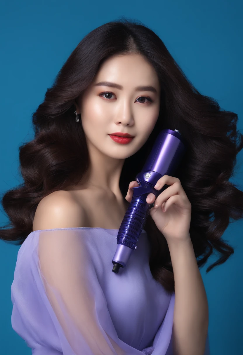 Asian woman holding automatic curling iron in front of face, The product is like this for her - view, the woman has long dark hair, Wang Chen, multiversal hair, blue backdrop, Official product image, professional product photo, dynamic wavy hair, Full body photo，purple dress, long and flowing hair，Shot with Canon camera，Real photos，Looks like a real person，Don't be like animated characters。