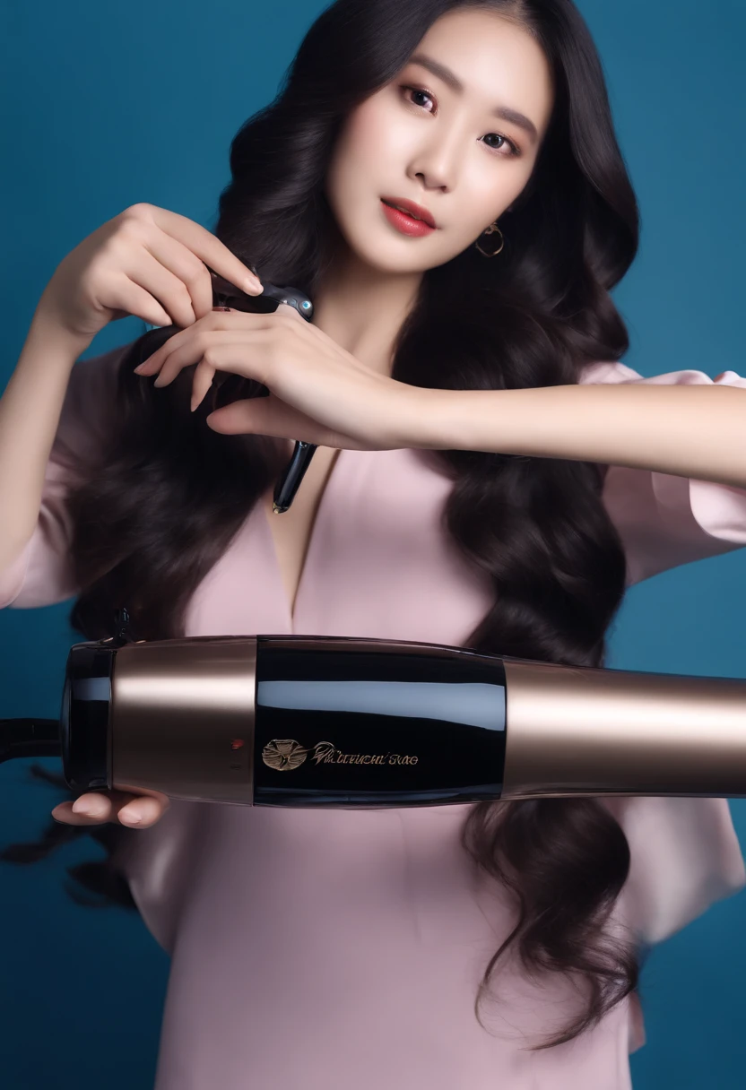 Asian woman holding automatic curling iron in front of face, The product is like this for her - view, the woman has long dark hair, Wang Chen, multiversal hair, blue backdrop, Official product image, professional product photo, dynamic wavy hair, Full body photo,purple dress, long and flowing hair,Shot with Canon camera,Real photos,Looks like a real person,Don't be like animated characters。