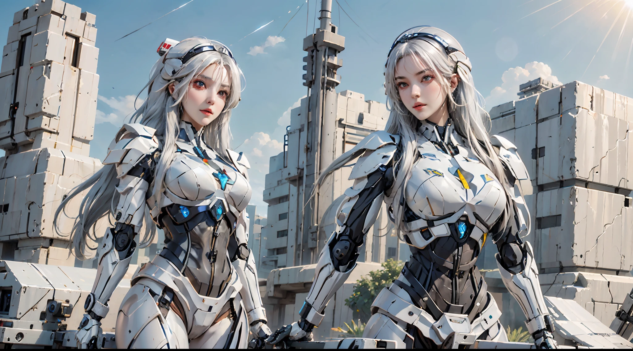 1 girl is operating a mech,Now in the cab,White hair, Long hair, Mecha musume, mechanicalparts, robotjoints, single mechanical arm, Headgear, Mechanical Aura, Star halo, electric mechanical bodysuit, mecha corset,Mech suit,